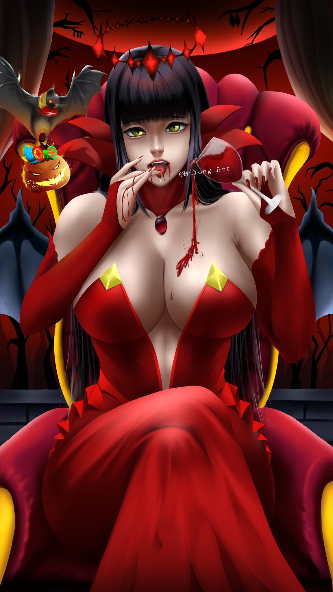 2021 adventurequest adventurequest_worlds aqw aqworlds arm_sleeves armwear artix_entertainment bat bat_wings black_hair blood blood_moon cleavage cleavage_cutout cleavage_overflow crossed_legs curvaceous curvy curvy_body curvy_female curvy_figure deep_cleavage demon_eyes eye_contact eyebrows_visible_through_hair fingerless_arm_sleeves fingerless_gloves green_eyes halloween huge_breasts huge_cleavage licking licking_fingers lips lipstick long_dress long_hair looking_at_viewer looking_pleasured makeup miyong necklace neckwear ornate_clothing queen red_dress red_fingernails red_lipstick red_moon red_sleeves safiria saliva saliva_drip saliva_trail sensual sharp_fingernails sharp_teeth small_waist small_wings spill spilled_drink throne throne_room tongue tongue_out vampire voluptuous wide_hips wine wine_glass wings