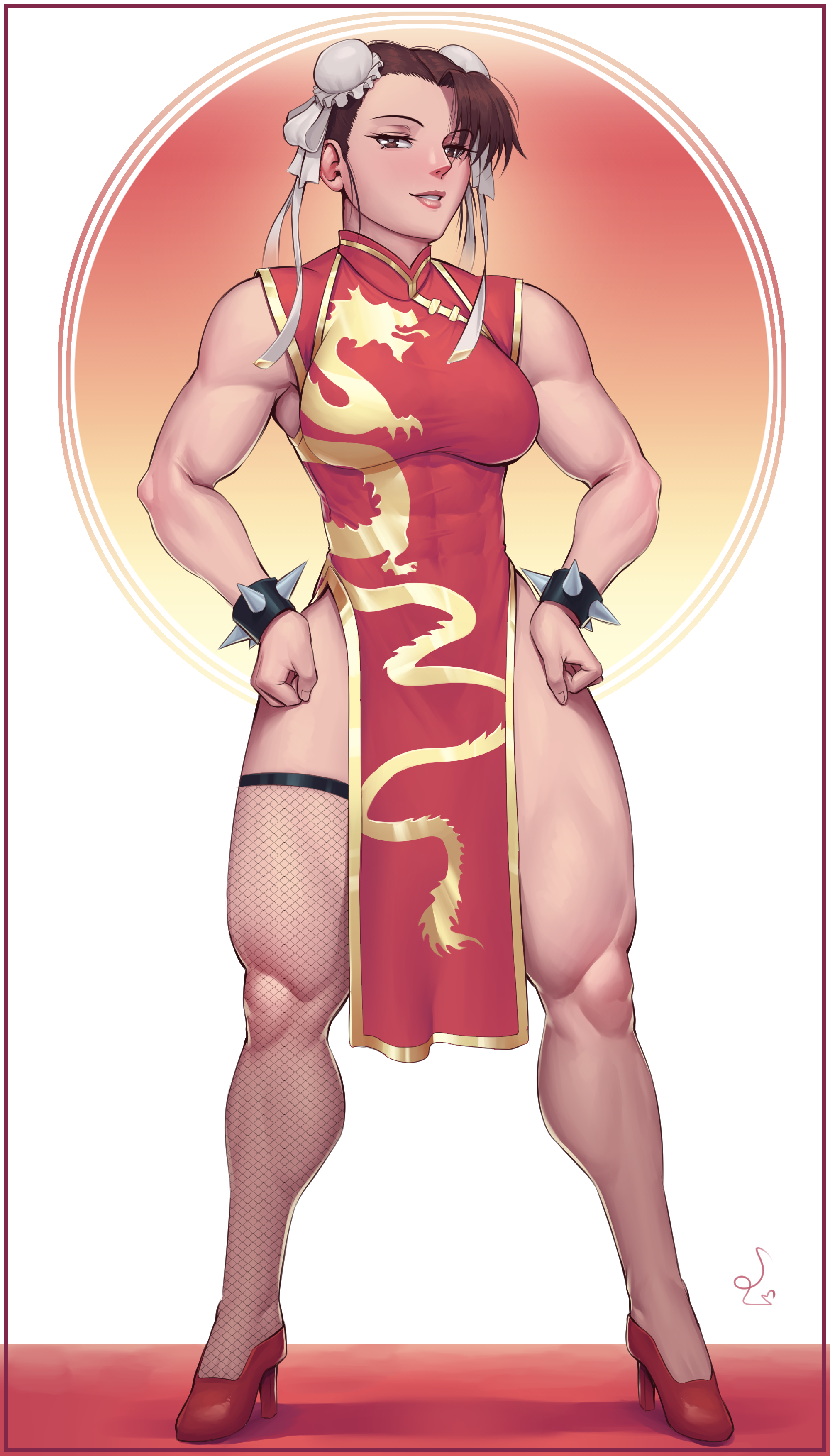 1girls, asian, asian female, asymmetrical legwear, bracelet, bun cover, capcom, chinese clothes, chinese dress, chun-li, dress, female, female only, fishnet legwear, front view, full body, fully clothed, hand on hip, human, looking at viewer, muscular, muscular female, muscular thighs, pelvic curtain, red dress, solo, speedl00ver, stocking, street fighter