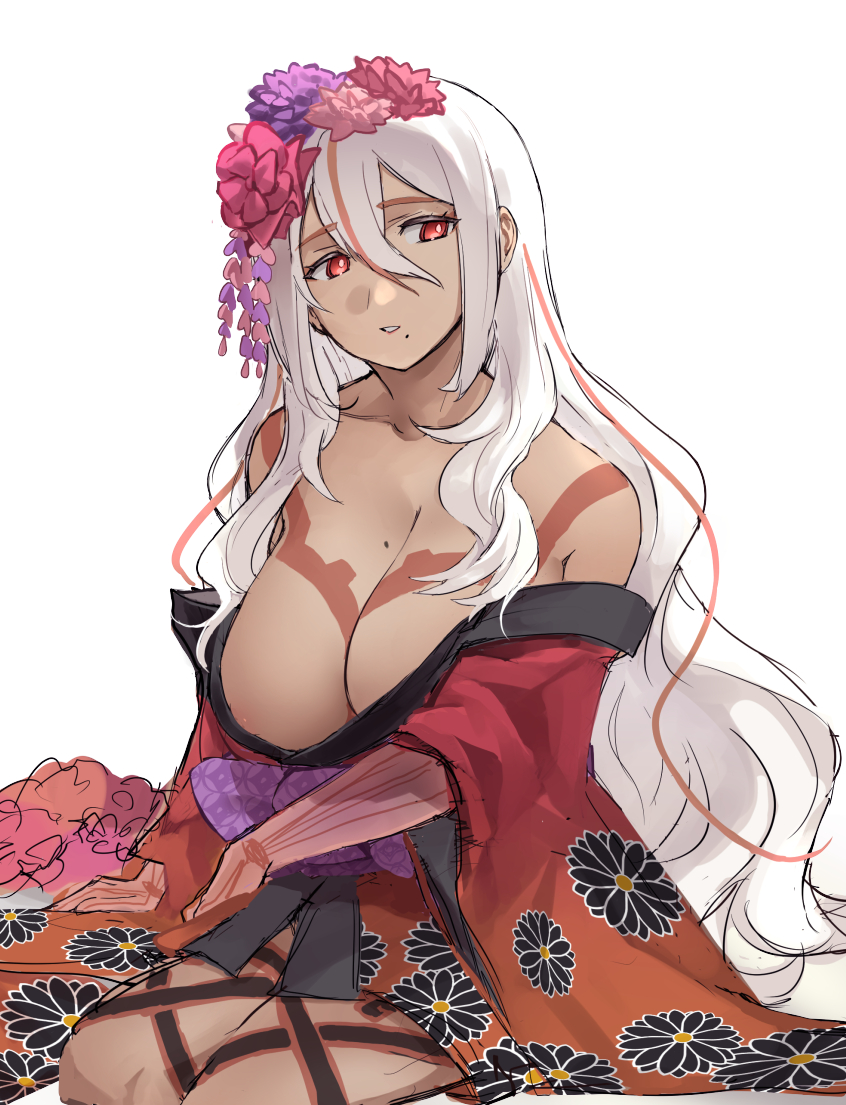 1girls ai:_the_somnium_files ai:_the_somnium_files_-_nirvana_initiative breasts dark-skinned_female dark_skin guttokitechu hair_flower kimono kimono_down large_breasts mole mole_on_breast red_eyes sitting solo streaked_hair tama_(ai:_the_somnium_files) tanned tanned_female tanned_skin visible_nipples white_background white_hair