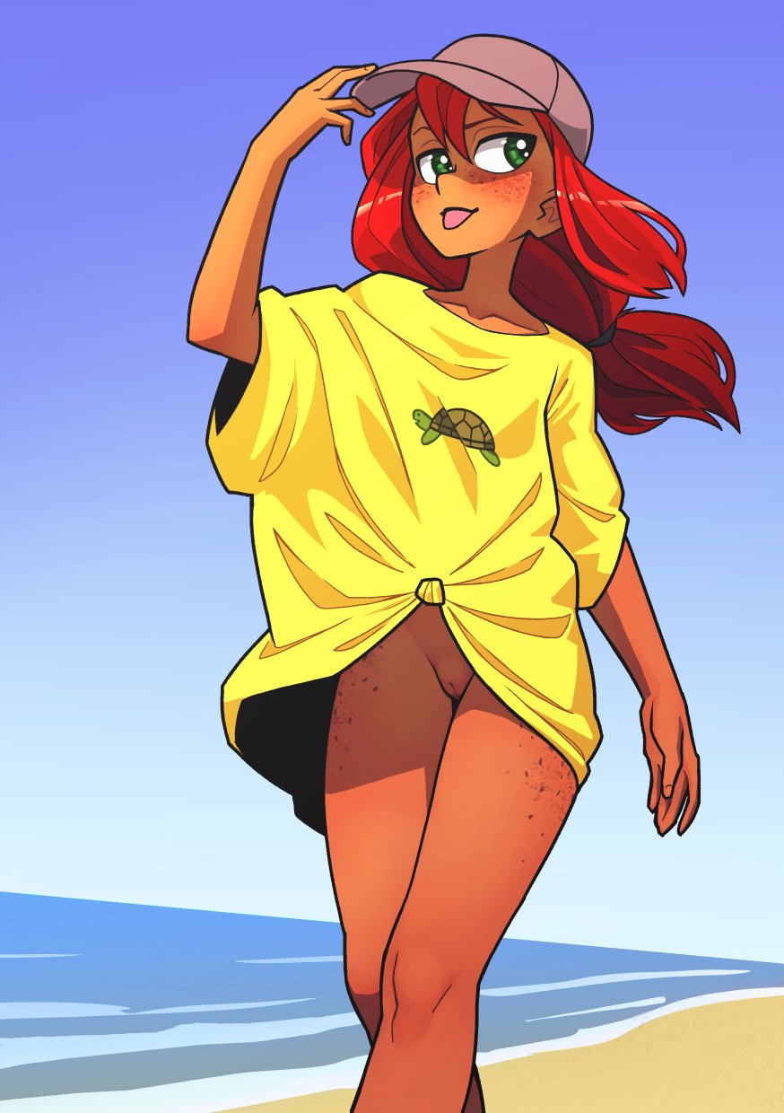 1girls beach big_shirt bottomless freckles green_eyes hat hidden_curves long_hair malyna outside partially_clothed pussy red_hair shirt solo standing the_pink_pirate tied_shirt tongue_out