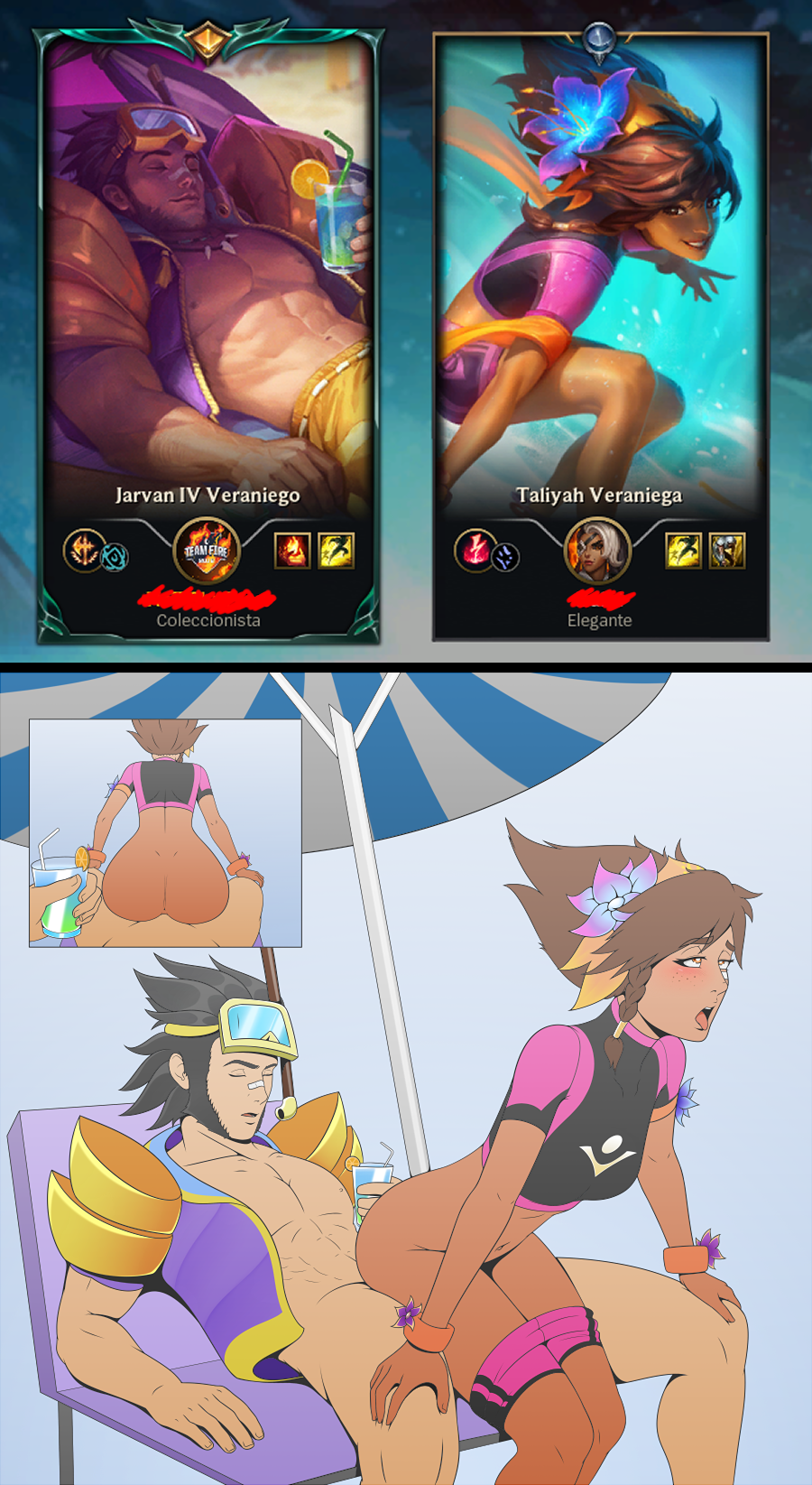 1boy 1girls age_difference ahe_gao ass bandage_on_nose beach beach_umbrella beard black_hair blush brown_eyes brown_hair brown_skin cowgirl_position dark-skinned_female facial_hair female freckles implied_sex interracial jarvan_lightshield_iv league_of_legends male outside parody pool_party_jarvan_iv pool_party_series pool_party_taliyah pov riding shadrysea shaved_crotch small_breasts straight swimsuit swimwear taliyah tan-skinned_female tan-skinned_male tan_body tan_skin tongue tongue_out white_pupils