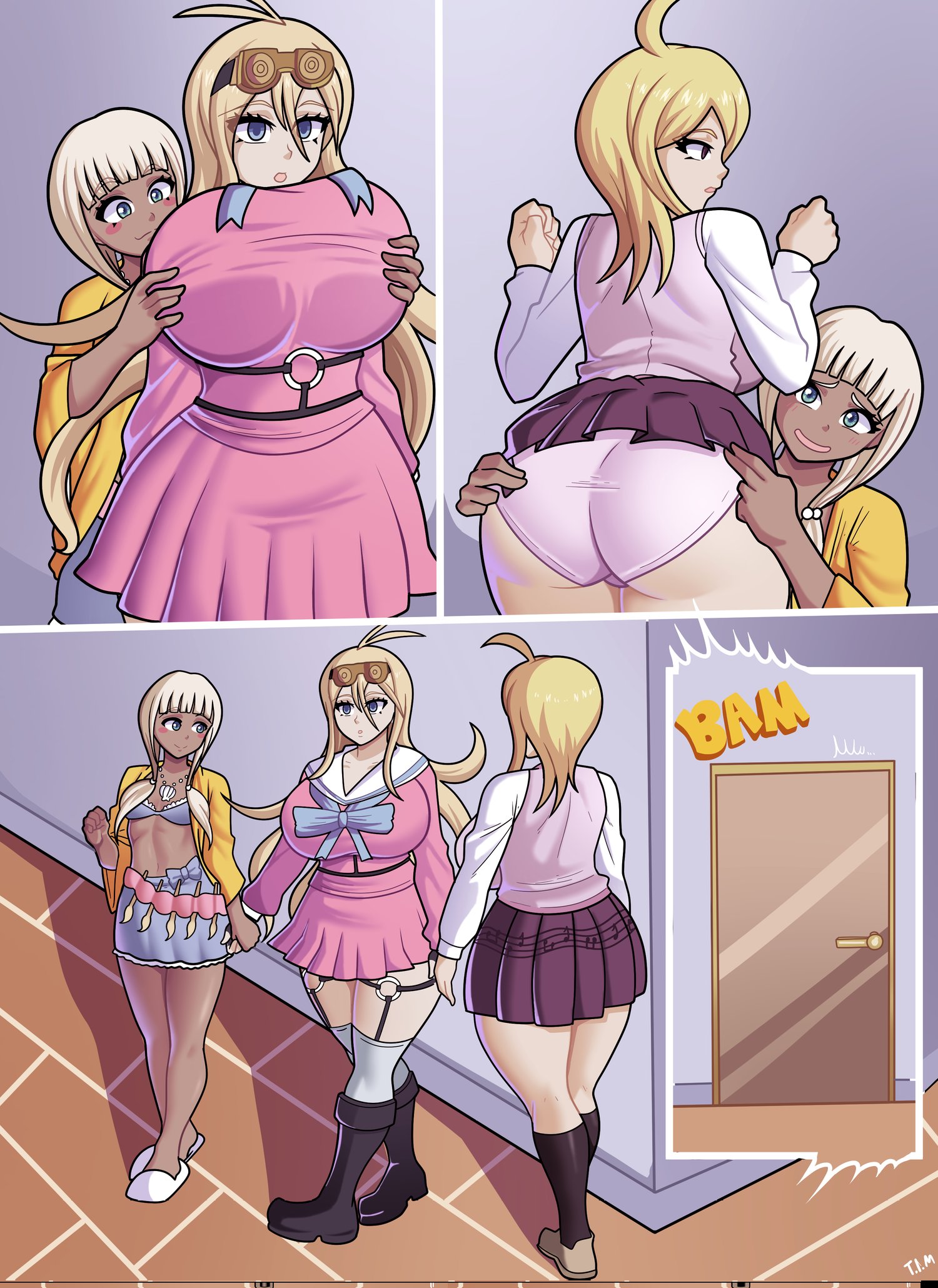 akamatsu kaede, ass, breasts, danganronpa, danganronpa v3, female, female only, groping, groping breasts, groping from behind, hypnosis, iruma miu, large ass, large breasts, multiple females, multiple girls, panties, pink panties, skirt lift, tan, theironmountain, thick ass, yonaga angie