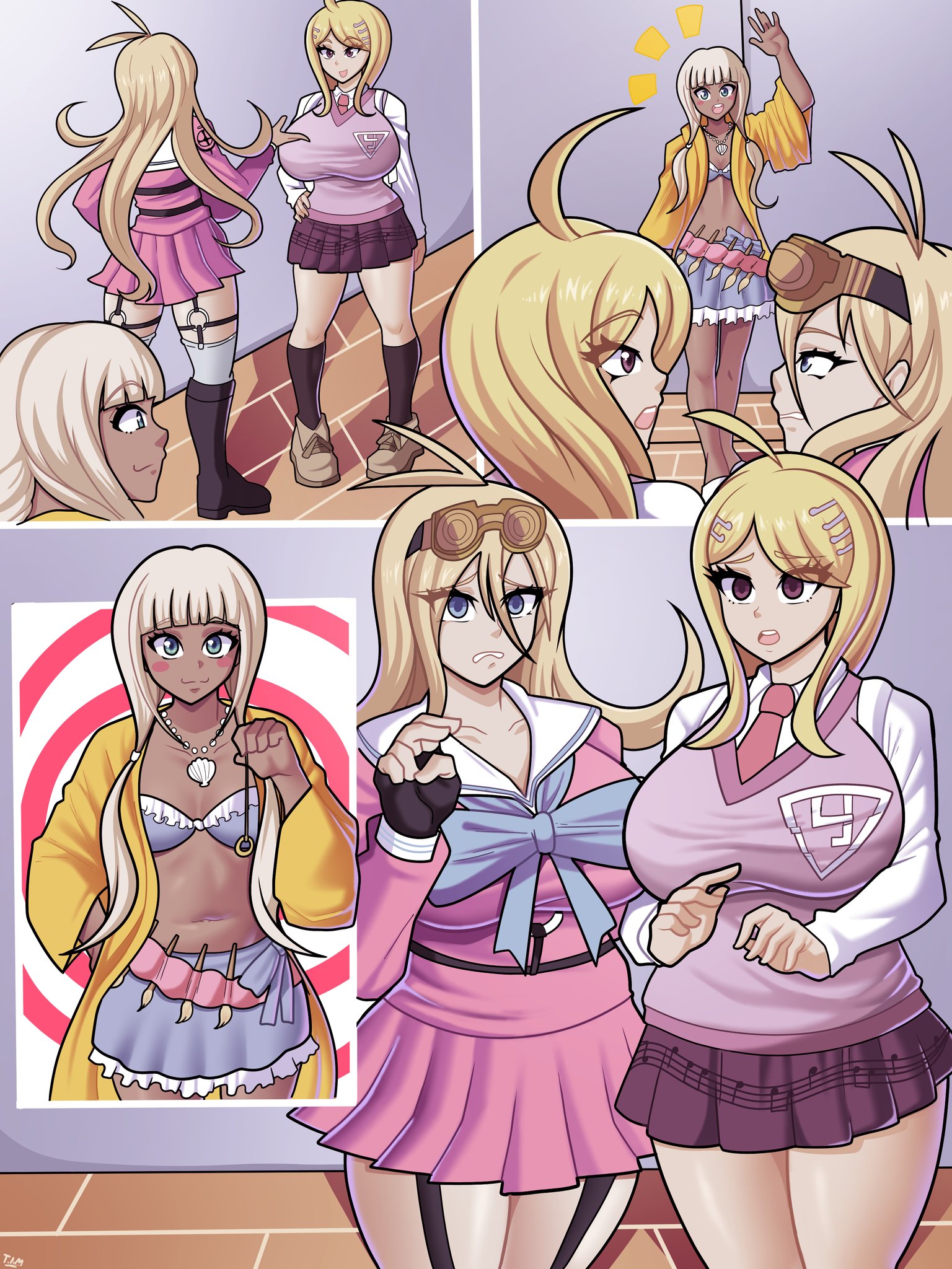 akamatsu kaede, breasts, danganronpa, danganronpa v3, female, hypnosis, iruma miu, large breasts, multiple females, multiple girls, obese female, tan, theironmountain, yonaga angie