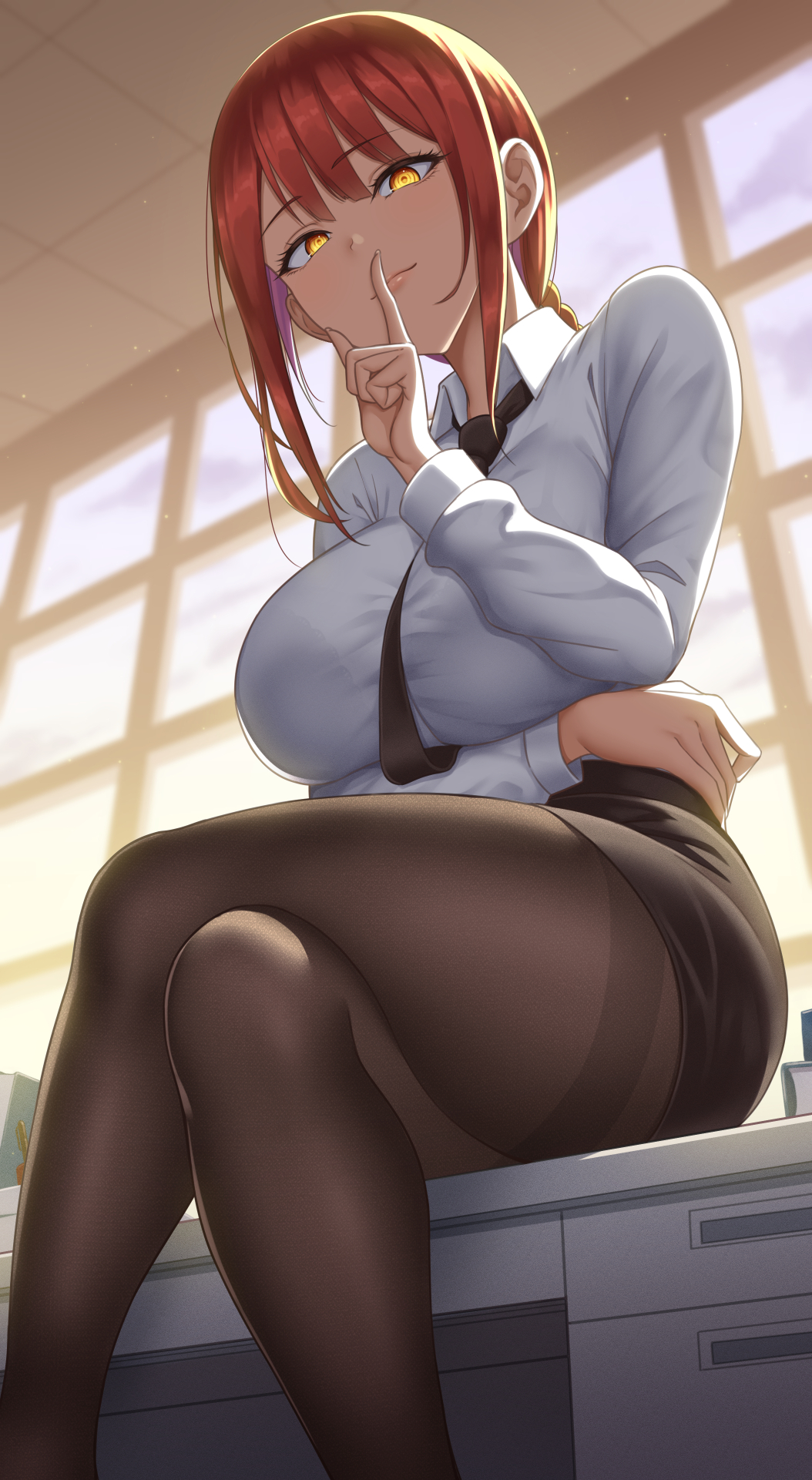 1girls, alternate breast size, big breasts, braid, braided hair, breasts, chainsaw man, eye contact, female, female focus, female only, fully clothed, huge breasts, long hair, looking at viewer, looking down, makima (chainsaw man), office, office lady, pantyhose, pencil skirt, red hair, single braid, skirt, solo, thick thighs, thighs, yasojima nejiro, yellow eyes