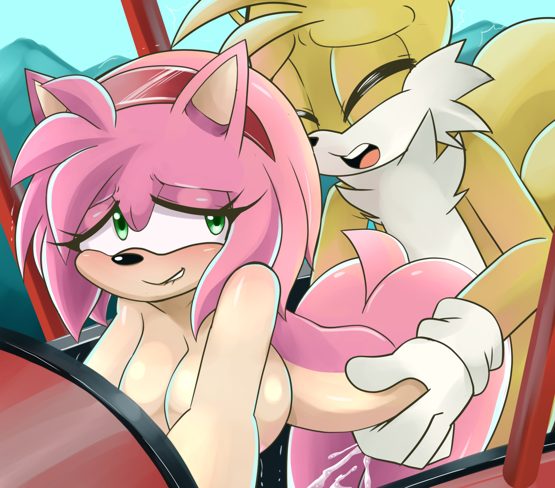 1boy, 1girls, ambiguous penetration, amy rose, ass, biting lip, breasts, chesterzee, closed eyes, cum, cum inside, doggy style, female, female penetrated, gokubuttonzee, green eyes, hand on hip, interspecies, large breasts, looking pleasured, male, nude, pink fur, plane, sex, sonic (series), sonic the hedgehog (series), straight, tails, tails the fox, yellow fur