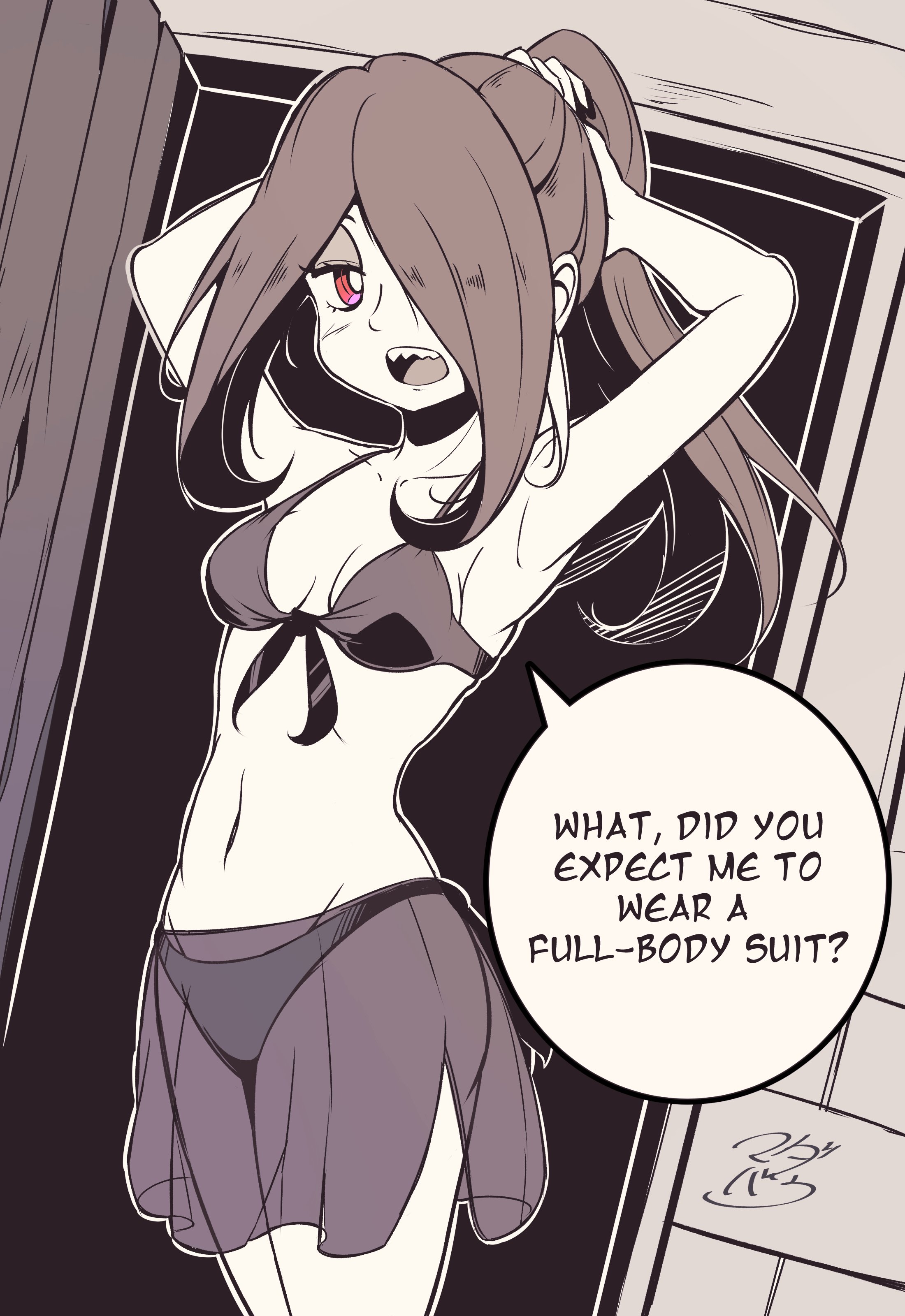 1girls, adjusting hair, arms up, bikini, breasts, english text, female, hair over one eye, little witch academia, long hair, looking at viewer, madabauillust, monochrome, monochrome background, navel, one eye covered, open mouth, ponytail, red eyes, slim, slim waist, small breasts, solo, speech bubble, standing, sucy manbavaran, swimsuit, tagme, text, thighs, transparent clothing