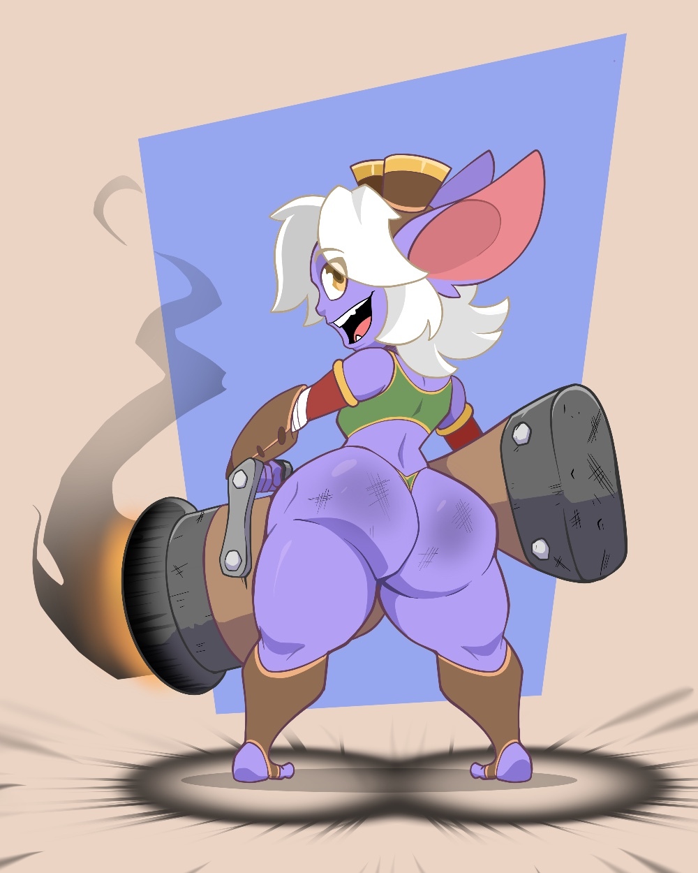 1girls, ass, big ass, bubble ass, bubble butt, cannon, clothing, crop top, female, female only, goggles, goggles on head, large ass, league of legends, looking at viewer, looking back, panties, regret everything, riot games, shortstack, smile, solo, thick thighs, tristana, weapon, white hair, wide hips, yordle