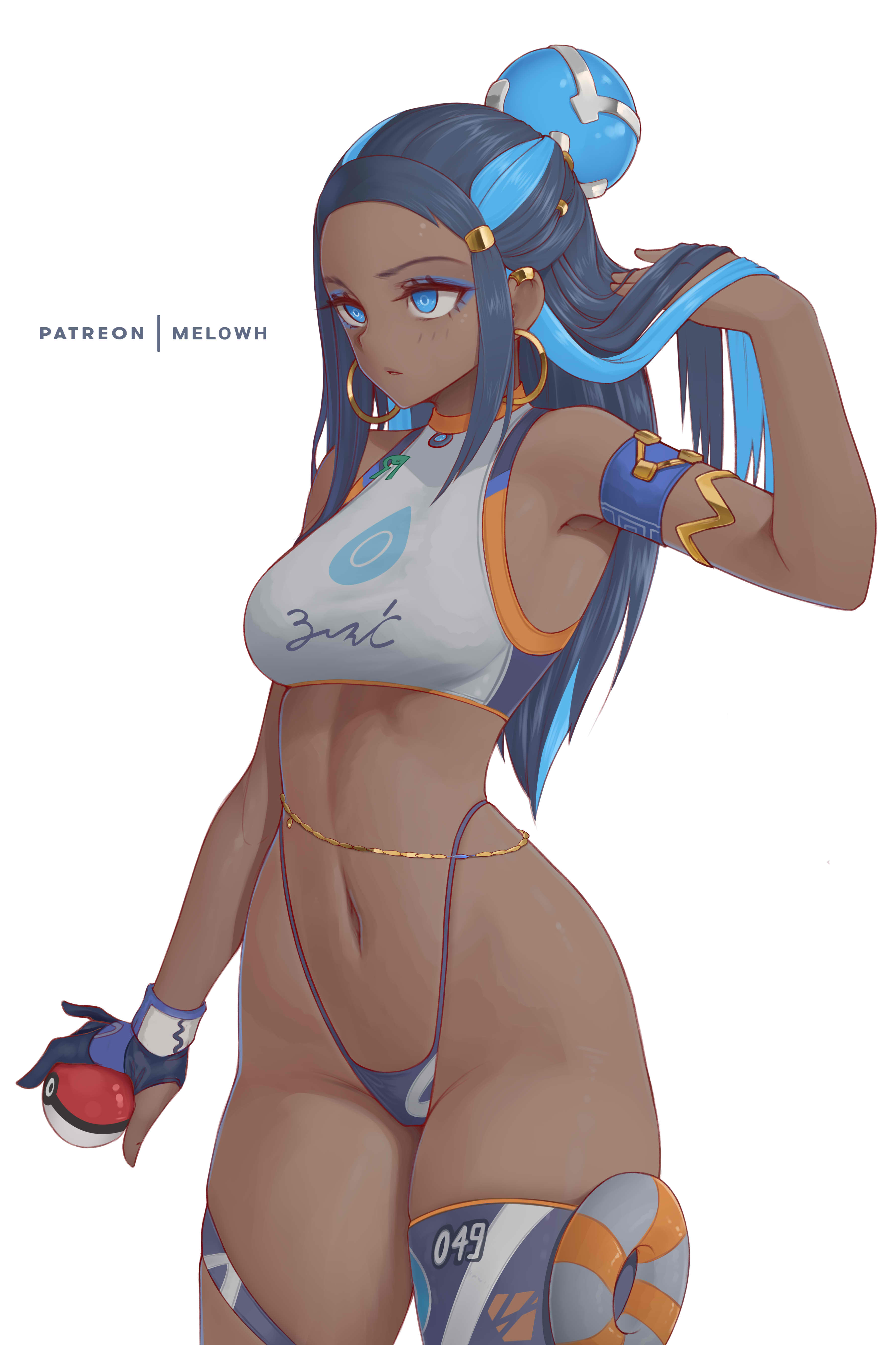 1girls, 2022, black hair, blue eyes, breasts, brown skin, dark skin, dark-skinned female, female, female only, gym leader, hi res, highleg panties, hips, holding object, long hair, medium breasts, melowh, nessa (pokemon), nintendo, panties, pokeball, pokemon, pokemon ss, sleeveless, slim waist, solo, solo female, thighs