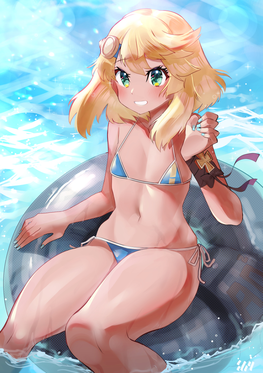1boy, adorable, beach, bikini, blonde hair, blue eyes, bridget, cute, green eyes, guilty gear, guilty gear strive, ishinagiryou, light skin, male, male only, micro bikini, smile, solo, solo focus, solo male, thick thighs, thighs, wide hips