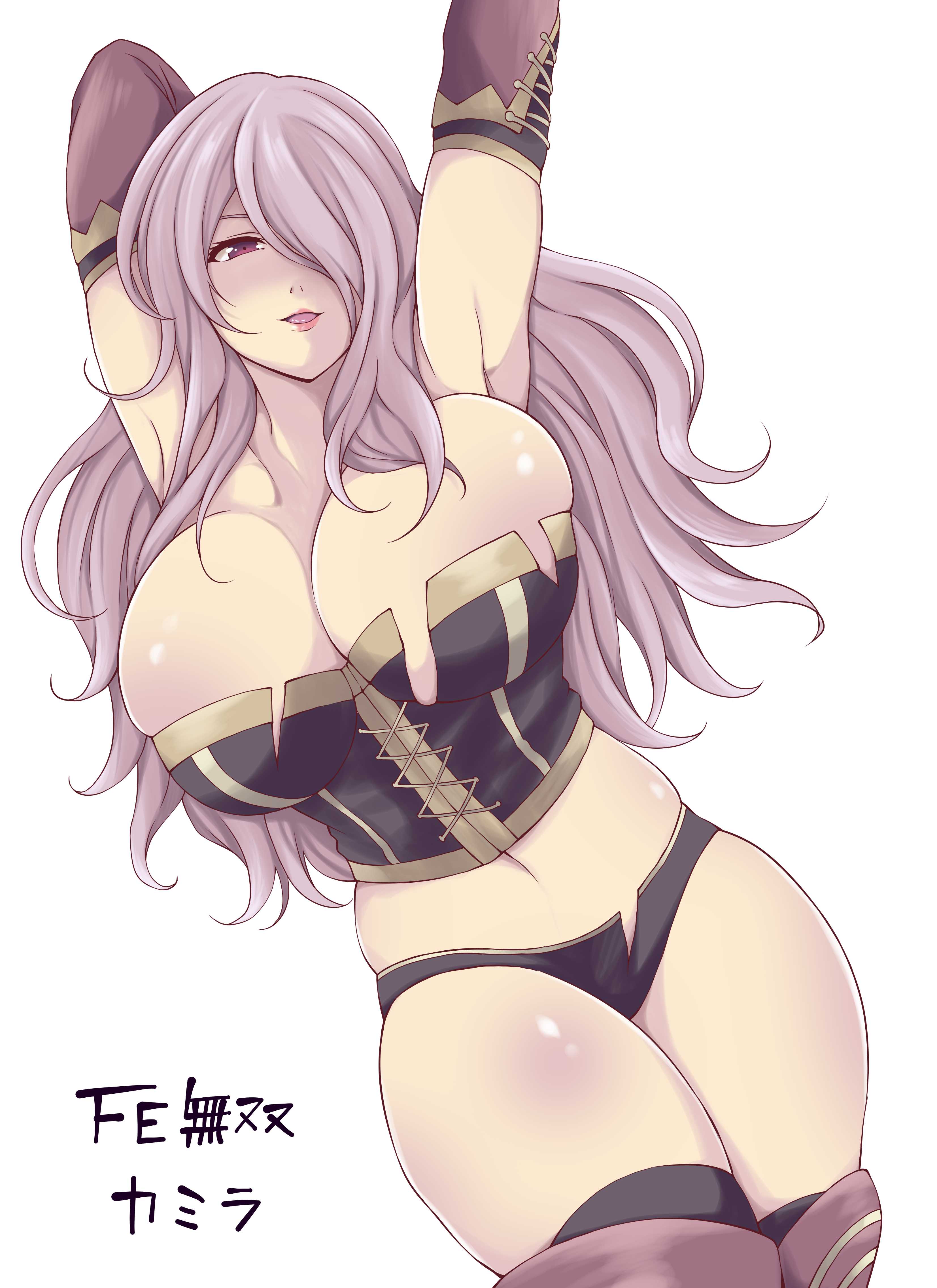 1girls, armpits, bare shoulders, bare thighs, black panties, boots, breasts, bursting breasts, camilla (fire emblem), cleavage, corset, elbow gloves, female, female only, fire emblem, fire emblem fates, gloves, huge breasts, long hair, looking at viewer, nintendo, open mouth, panties, pink eyes, purple hair, smile, solo, thigh boots, thighhighs, thighs, toko1ko, underwear