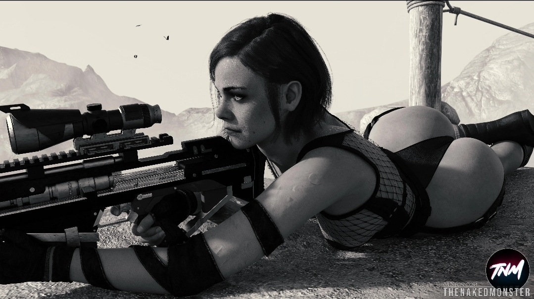 1girls, 3d, black and white, black hair, call of duty, call of duty black ops cold war, female, helen park (cod), lingerie, monochrome, panties, short hair, sniper rifle, solo, tagme, thenakedmonster