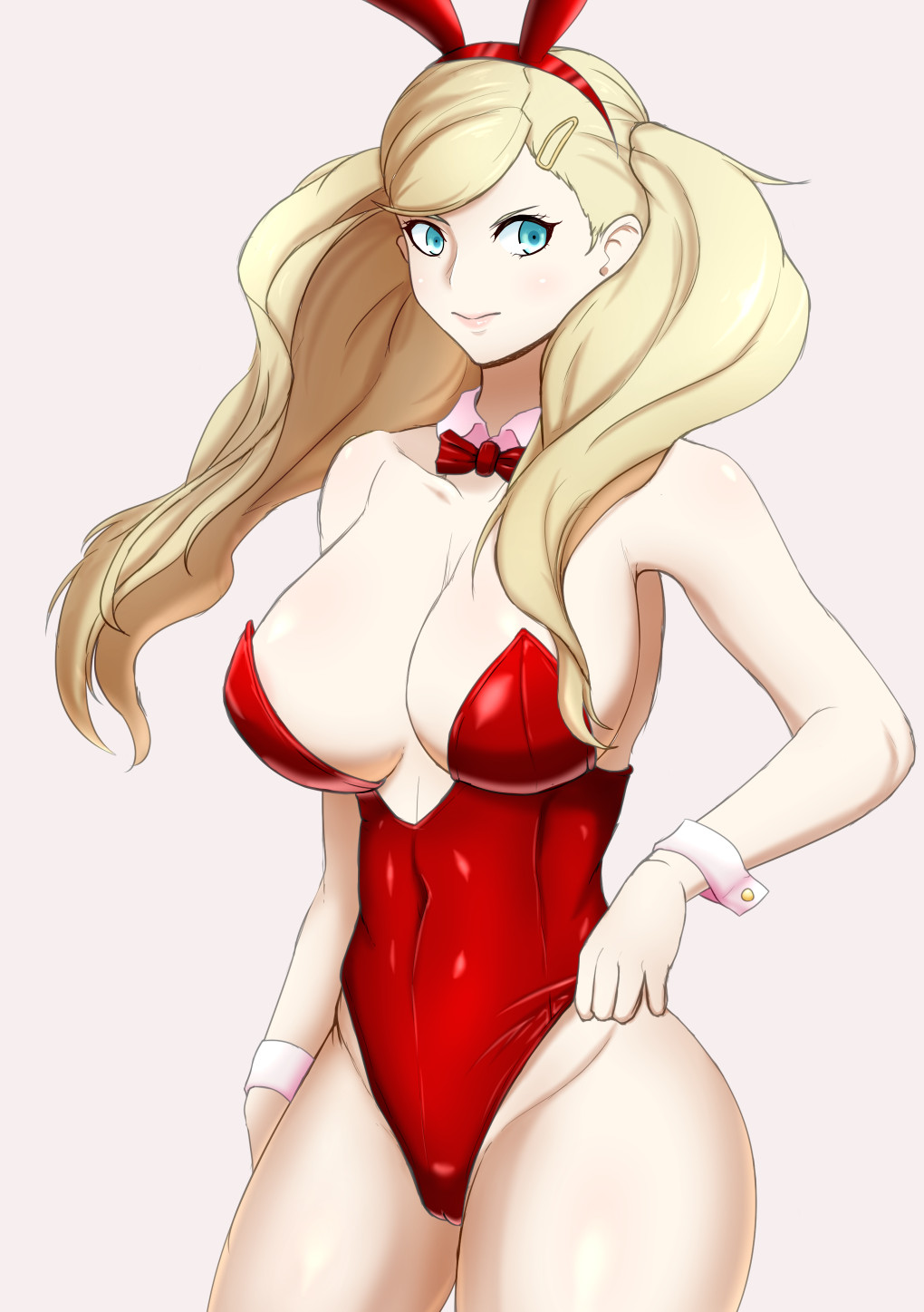ann takamaki, atlus, blonde hair, blue eyes, bowtie, bunny ears, bunnysuit, female, female only, persona, persona 5, solo, tagme