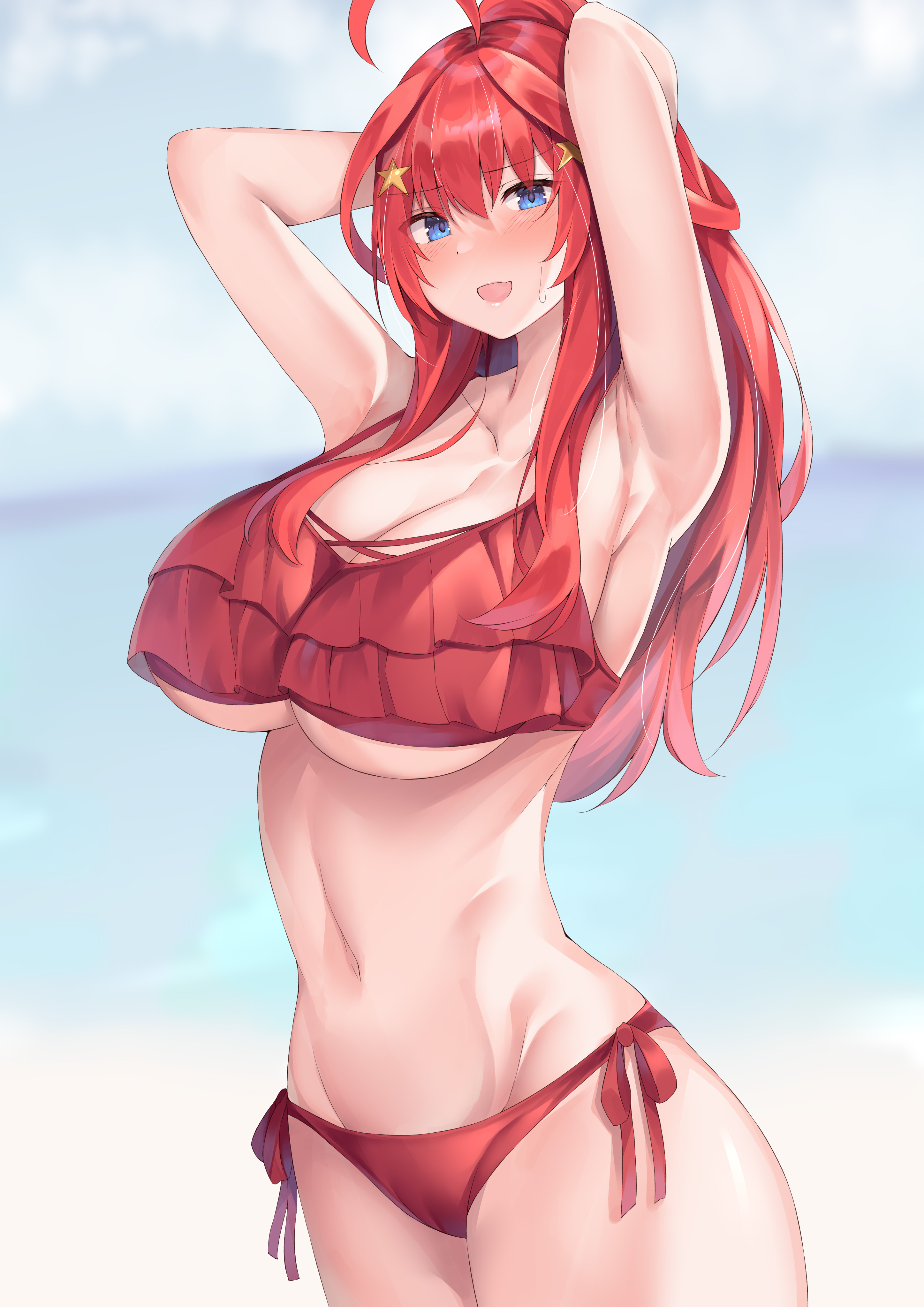 armpits, arms up, bikini, blue eyes, blush, breasts, cleavage, female, female only, go-toubun no hanayome, huge breasts, long hair, looking at viewer, micosivaa, nakano itsuki, open mouth, red bikini, red hair, solo focus, standing, sweat, thick thighs, thighs, uncensored, underwear, wide hips