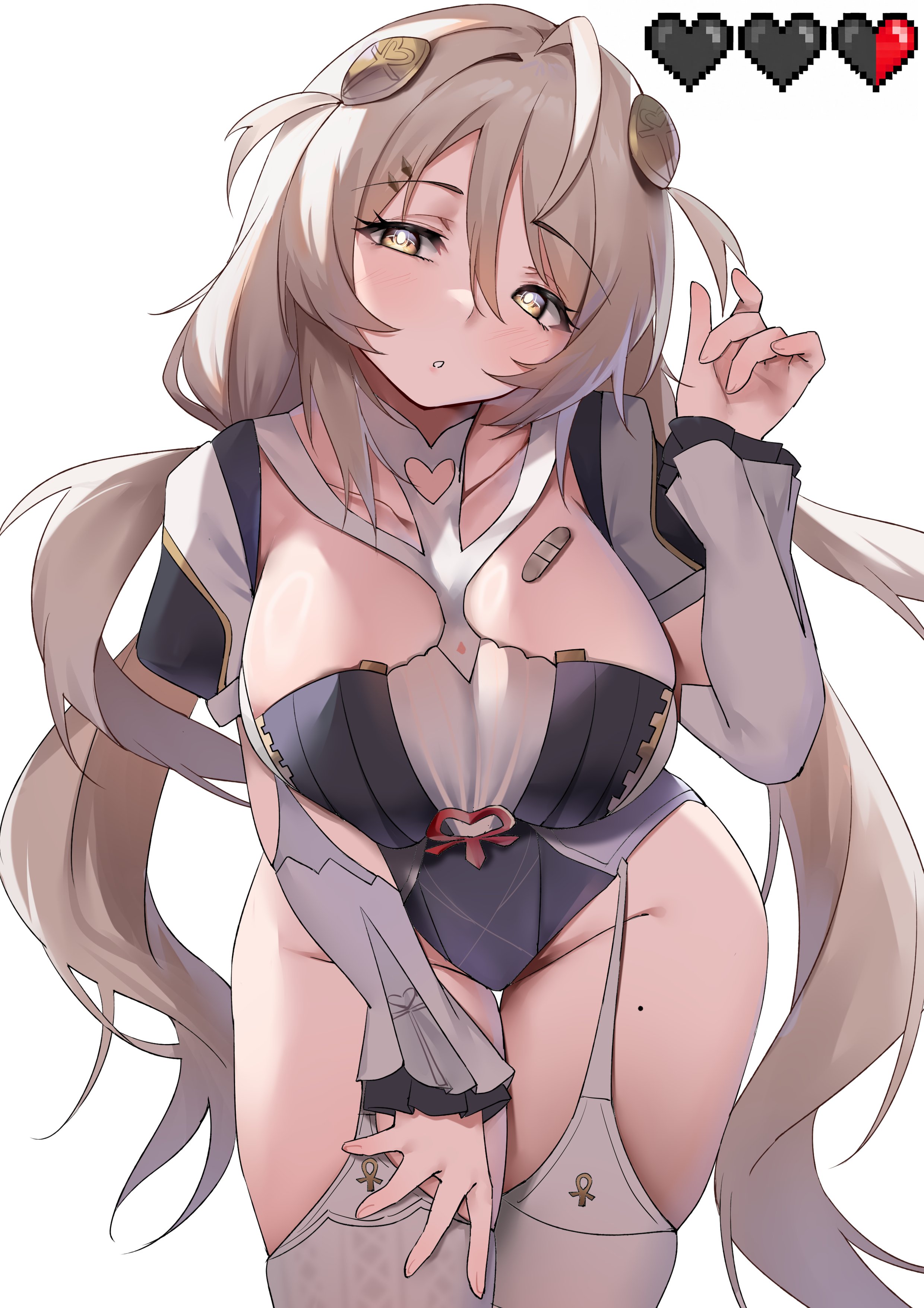 1girl, absurdres, ahoge, alternate breast size (larger), bandaid on chest, blonde hair, breasts, collarbone, commentary, cowboy shot, english commentary, garter straps, hair between eyes, hair ornament, hairclip, hand up, heart, highres, huge breasts, large breasts, leotard, long hair, mole, mole on thigh, parted lips, phoenix reffaella, pixel heart, sideboob, simple background, solo, thick thighs, thighhighs, thighs, white background, white garter straps, white leotard, white thighhighs, wide hips, yanwulazy, yellow eyes, zenless zone zero