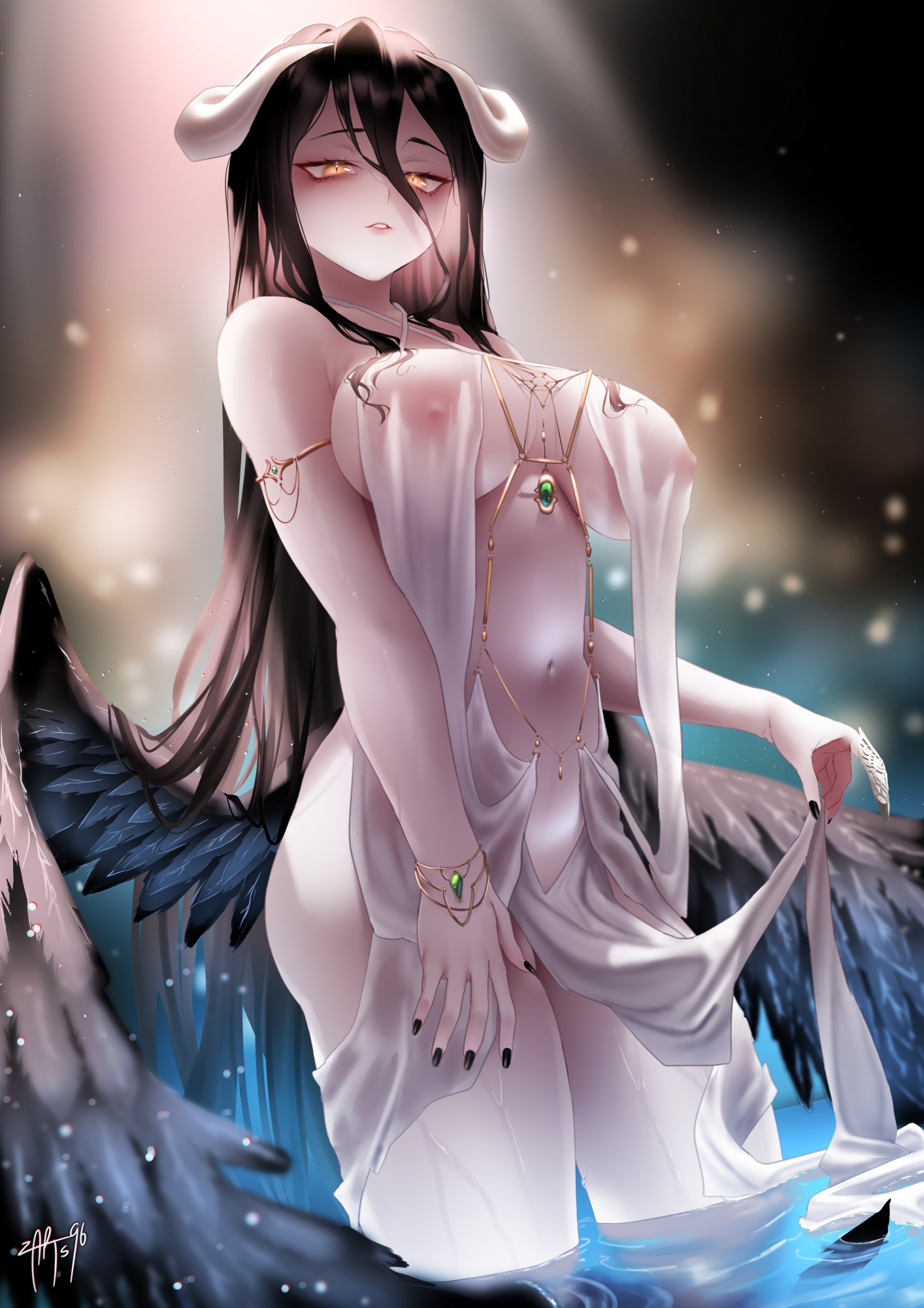 albedo (overlord), armlet, black hair, black nails, black wings, bracelet, breasts, clothes lift, commentary, covered erect nipples, curled horns, demon, demon girl, demon horns, english commentary, feathered wings, female, hand on own thigh, highres, horns, jewelry, large breasts, long hair, looking at viewer, low wings, nail polish, navel, overlord (maruyama), parted lips, pelvic curtain, pelvic curtain lift, revealing clothes, see-through, signature, slit pupils, solo, succubus, succubus horns, succubus wings, thighs, very long hair, wading, water, wet, wet clothes, wings, yellow eyes, zasshu96
