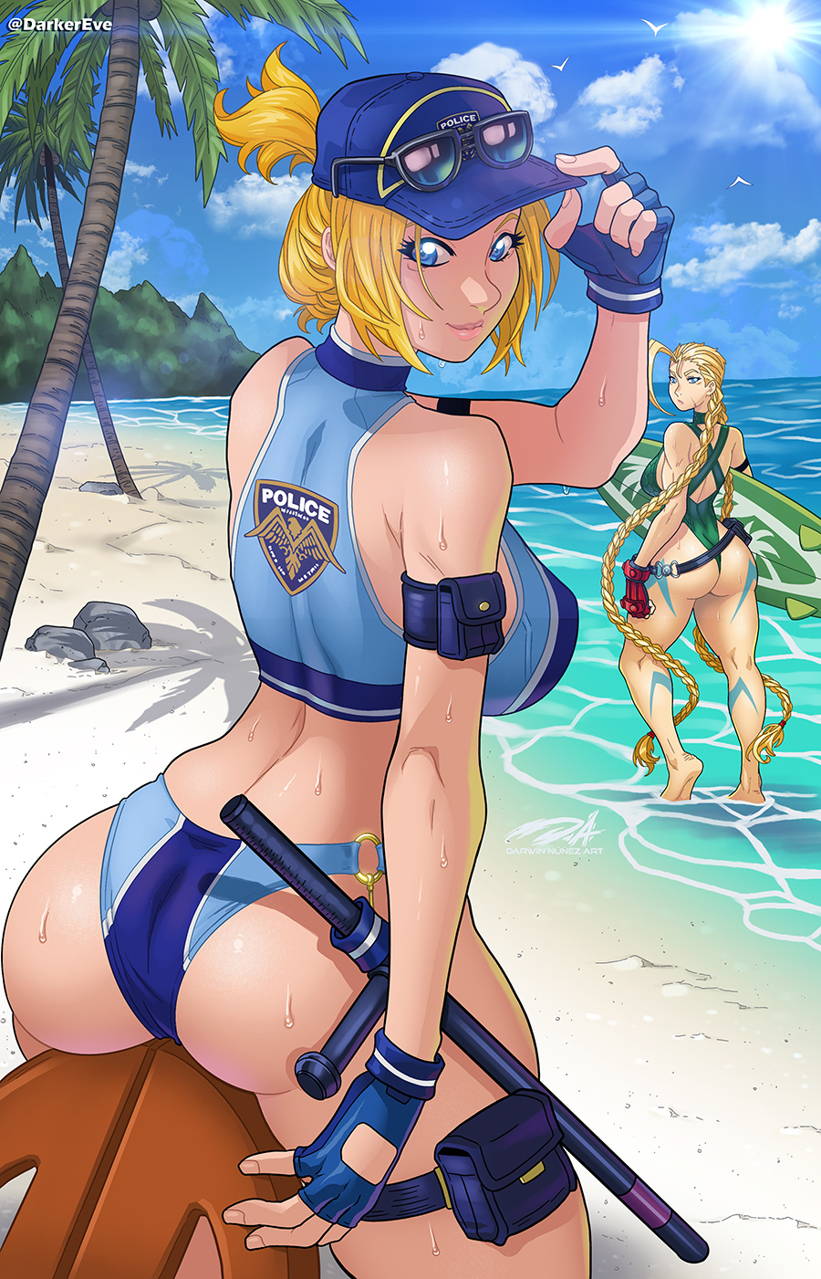 2girls ass back_view baton beach big_ass blonde_hair blue_eyes braid braided_ponytail cammy_white cap capcom darkereve female female_only fingerless_gloves fully_clothed gloves hi_res looking_at_viewer looking_back lucia_morgan nightstick police police_uniform policewoman revealing_clothes seaside short_ponytail skimpy_clothes smiling smiling_at_viewer street_fighter sunglasses sunglasses_on_hat surfboard swimsuit swimwear tight_clothing uniform very_long_hair