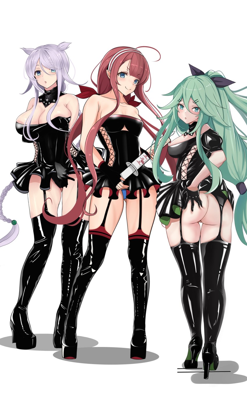 3girls ass bajitohfu blue_eyes blue_panties boots bow_in_hair braided_ponytail breasts cleavage dominatrix dress female female_only fully_clothed garter_straps gloves green_hair hair_over_one_eye hairband hand_on_ass high_heel_boots high_heels holding_syringe kantai_collection kawakaze_(kantai_collection) large_breasts latex latex_dress latex_gloves long_hair low-tied_long_hair medium_breasts multiple_girls panties ponytail purple_hair red_hair revealing_clothes shiny_clothes short_dress skimpy_clothes small_breasts source_request syringe thigh_boots thigh_gap umikaze_(kantai_collection) yamakaze_(kantai_collection)