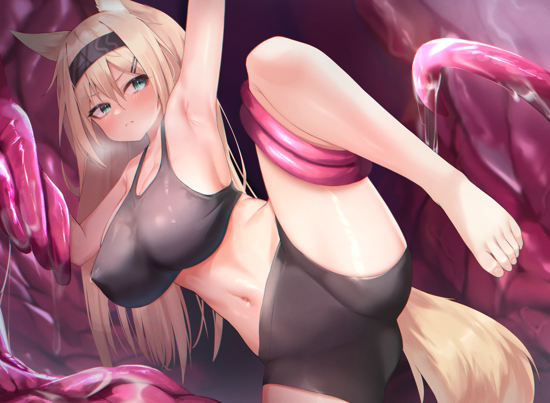 animal ear fluff, animal ears, aoinu (aoinu 99), arknights, arm up, armpits, bangs, barefoot, bike shorts, black hairband, black shorts, blonde hair, blush, bound, bound arms, bound legs, breasts, closed mouth, collarbone, female, green eyes, hair ornament, hairband, hairclip, heavy breathing, highres, horn (arknights), large breasts, leg up, long hair, navel, shorts, solo, sports bra, spread legs, standing, standing on one leg, stomach, tail, tentacle, tentacle pit, v-shaped eyebrows, very long hair, wolf ears, wolf girl, wolf tail