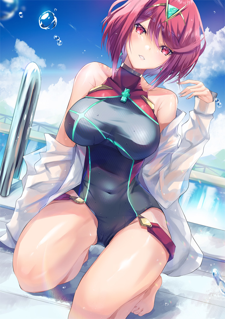 1girls big_breasts breasts inoue_takuya_(pixiv_99697) looking_at_another looking_at_viewer nintendo pool pose pyra_(xenoblade) red_eyes red_hair shoulders swimsuit thick_thighs thighs water wet wet_body wet_clothes wet_skin xenoblade_(series) xenoblade_chronicles_2