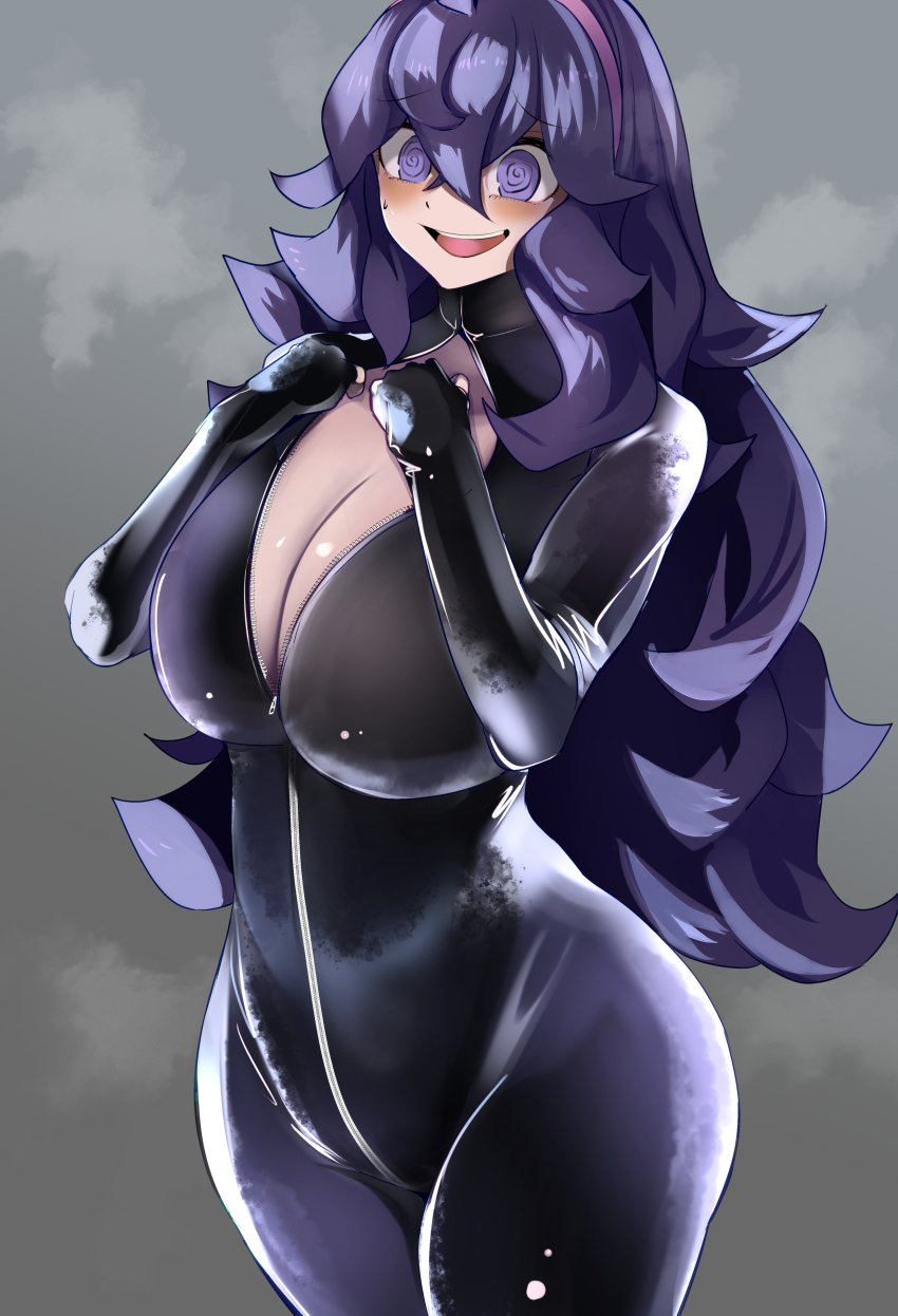 1girls bodysuit breasts catsuit female female_focus female_only front_zipper hairband hex_maniac human jpeg large_breasts latex latex_bodysuit latex_clothing latex_suit lisp_coc long_hair nintendo no_bra open_clothes pokemon purple_bodysuit purple_clothing purple_eyes purple_hair purple_hairband purple_latex smile solo standing unzipped_bodysuit zipper zipper_pull_tab