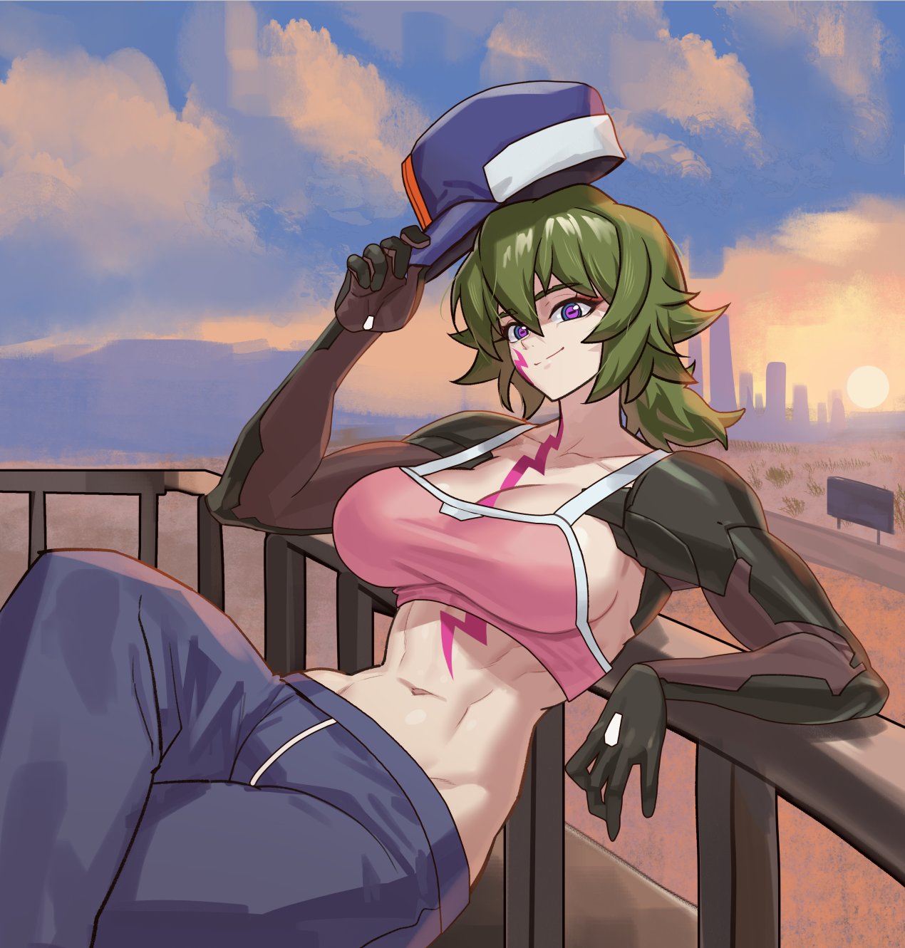 1girls, 2026, 2d, 2d (artwork), beautiful woman, big breasts, blue sclera, boobs, breasts, cap, cleavage, cyberpunk 2077, cyberpunk: edgerunners, female, female only, green hair, hi res, highres, light skin, light-skinned female, looking at viewer, omi-san, podobrick, purple eyes, slim waist, solo, solo female, tank top, tomboy, wolf cut