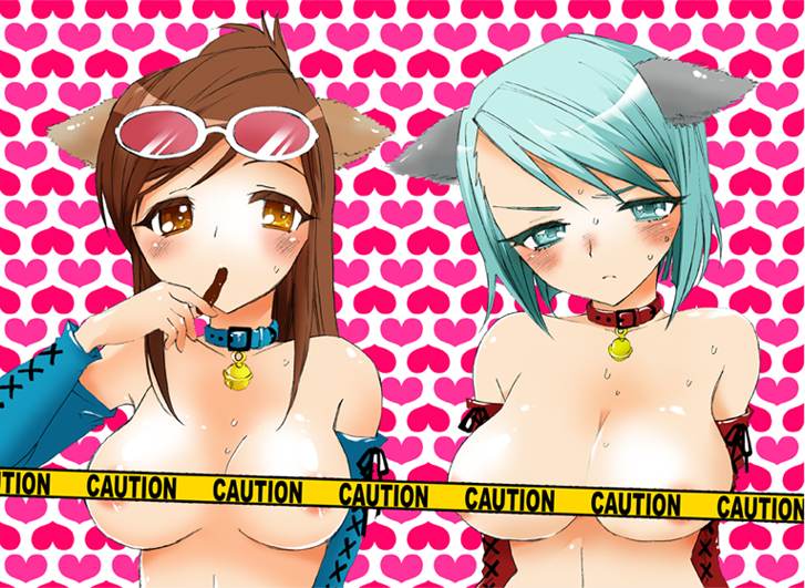 2girls big_breasts cat_ears caution_tape choker convenient_censoring ema_skye eyewear_on_head female female_only franziska_von_karma gyakuten_saiban karuma_mei mozuya_murasaki neck_bell sunglasses_on_head tagme