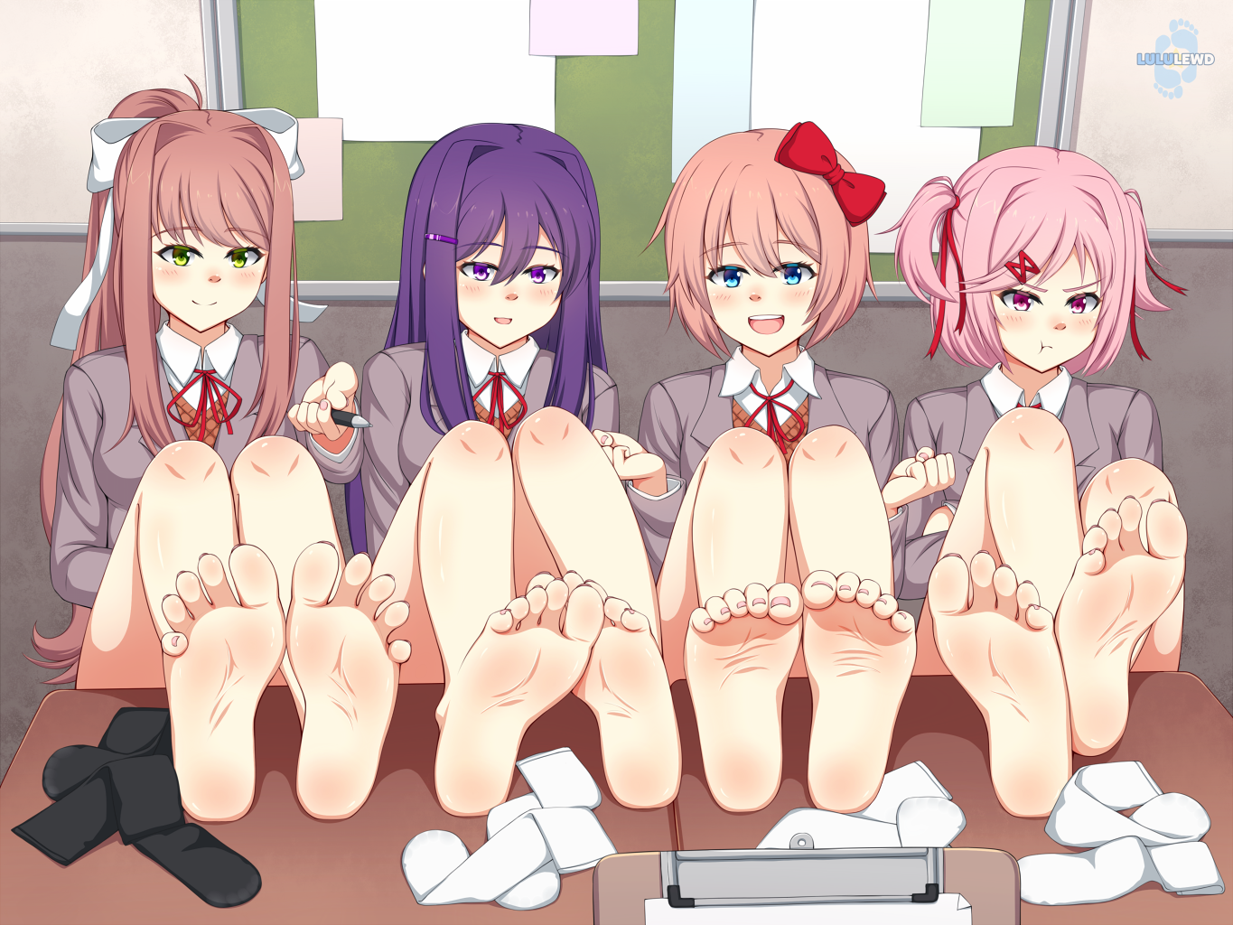 4girls, barefoot, doki doki literature club, feet, female, female only, fetish, foot fetish, foot focus, lululewd, monika (doki doki literature club), multiple females, multiple girls, natsuki (doki doki literature club), sayori (doki doki literature club), socks removed, soles, spread toes, toe scrunch, toenails, toes, yuri (doki doki literature club)