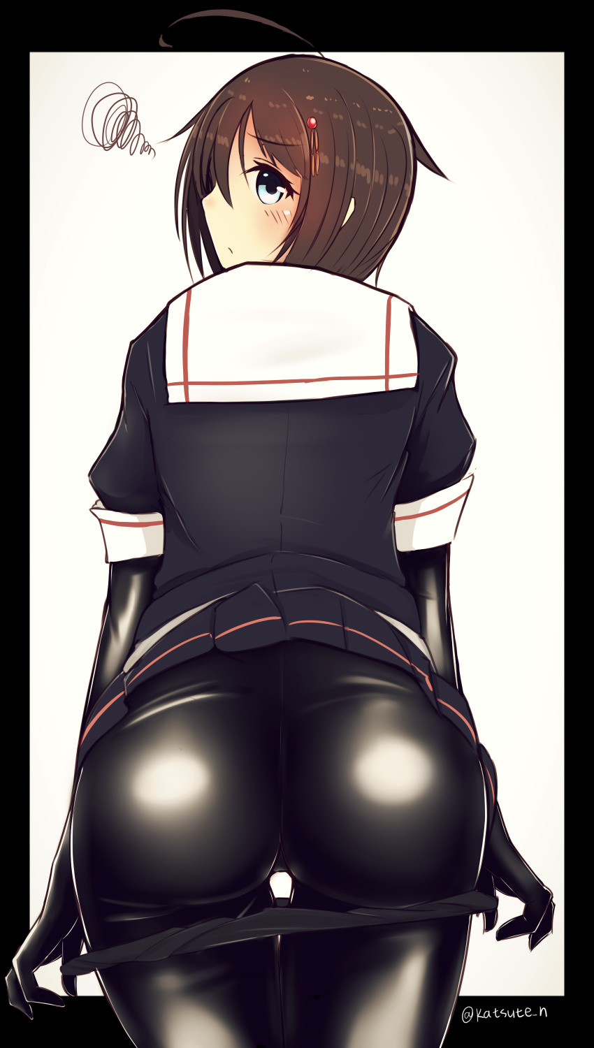 1girls ass black_panties blue_eyes bodysuit_under_clothes brown_hair female female_only gloves hair_ornament kantai_collection katsuten latex latex_bodysuit looking_back looking_back_at_viewer panties panties_over_bodysuit school_uniform shigure_(kantai_collection) short_hair undressing