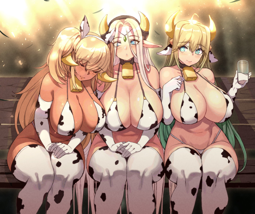 2d 3girls bench bikini blonde_hair blue_eyes breasts carcass_(artist) cerestia_of_life closed_eyes collar cow_ears cow_girl cow_horns cow_print cow_print_bikini cow_print_gloves cow_print_thighhighs cowbell cup dark_elven_forest_ranger dark_elven_forest_ranger_(cowgirl_bikini) elf elven_forest_maker elven_forest_maker_(cowgirl_bikini) forehead_jewel green_eyes green_hair holding_cup horns hucow large_breasts last_origin long_hair milk milk_in_cup multicolored_hair multiple_girls navel thighhighs white_hair