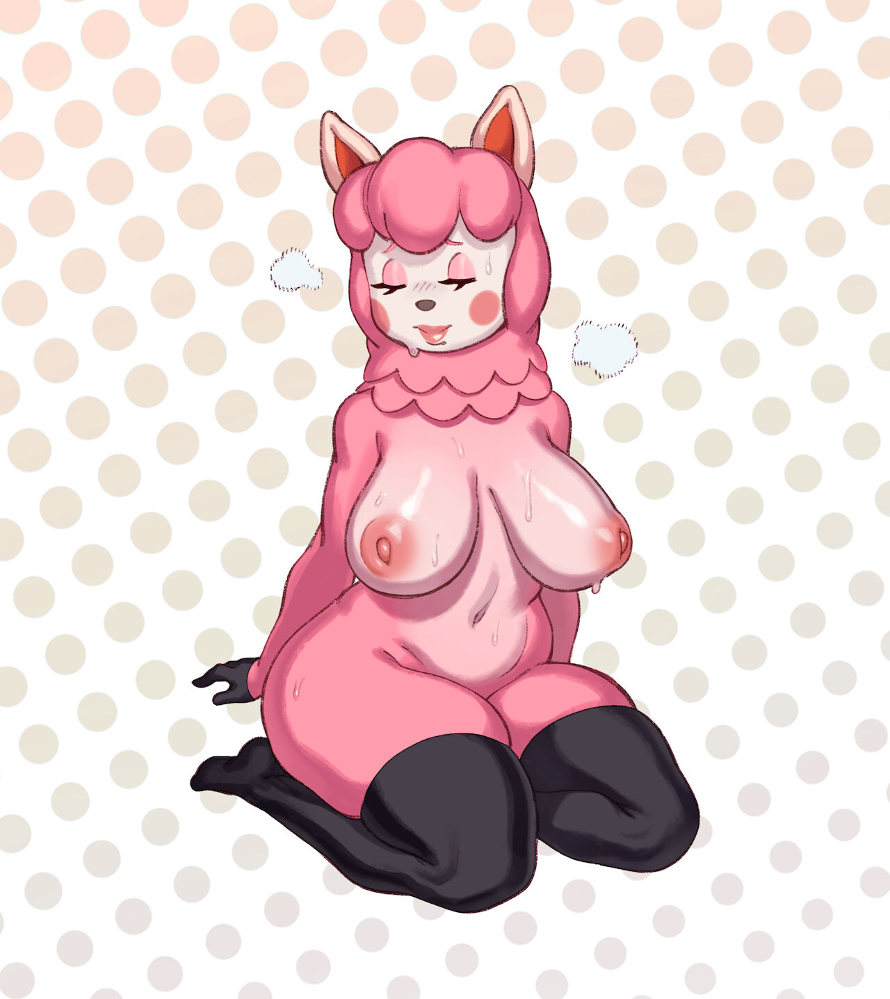 alpaca, animal crossing, anthro, breasts, closed eyes, female, female focus, female only, fur, furry, furry only, nintendo, nipples, reese (animal crossing), rizdraws, solo, source request, sweat, thick thighs, thighs, year request