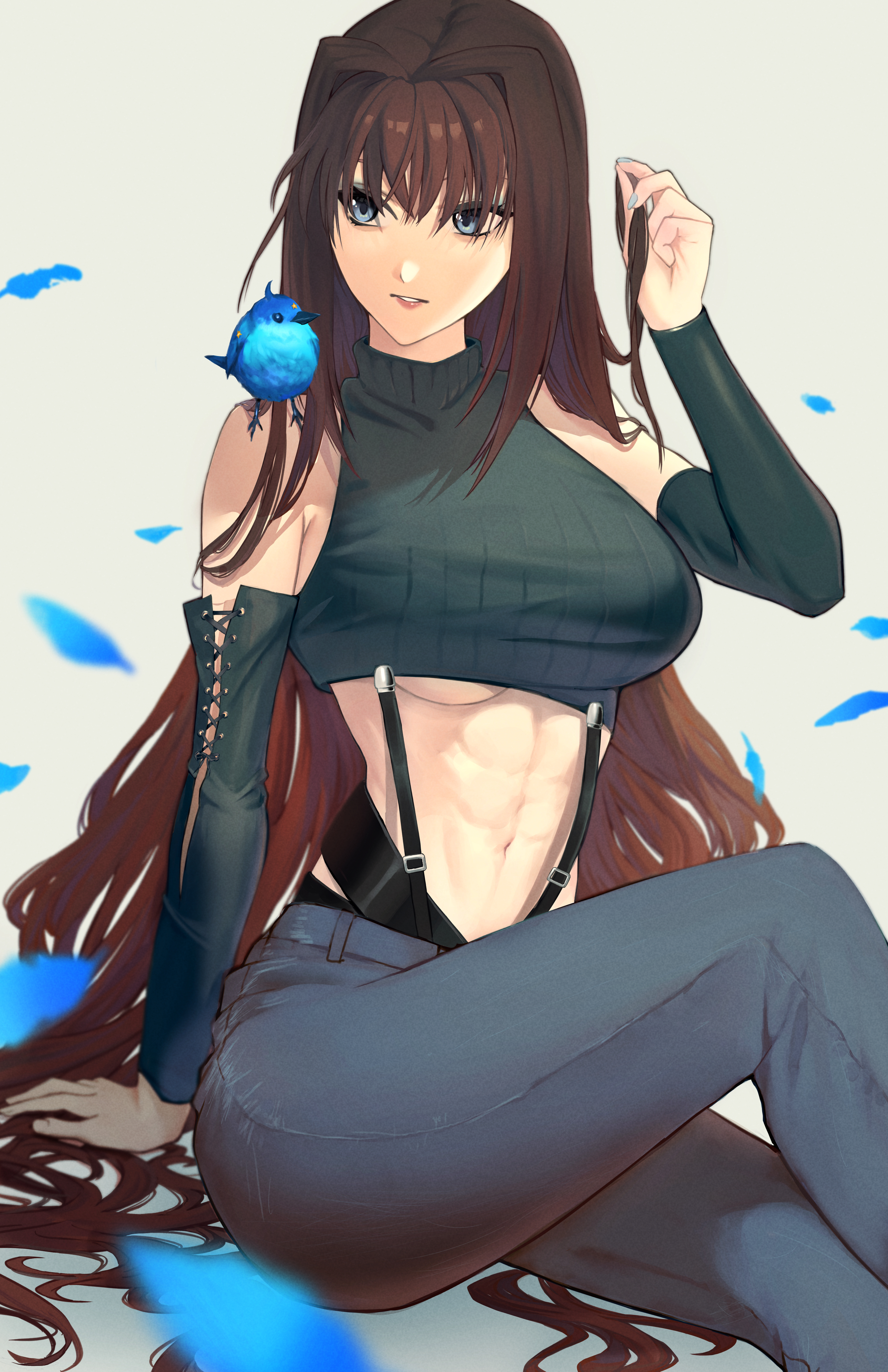 abs, aozaki aoko, big breasts, blue eyes, breasts, brown hair, crop top, dark hair, detached sleeves, female, female only, hair intakes, jeans, long hair, madoro q, mahou tsukai no yoru, sittings, sleeveless shirt, solo, suspenders, toned, toned female, tsukihime, type-moon, underboob, very long hair, wardrobe malfunction