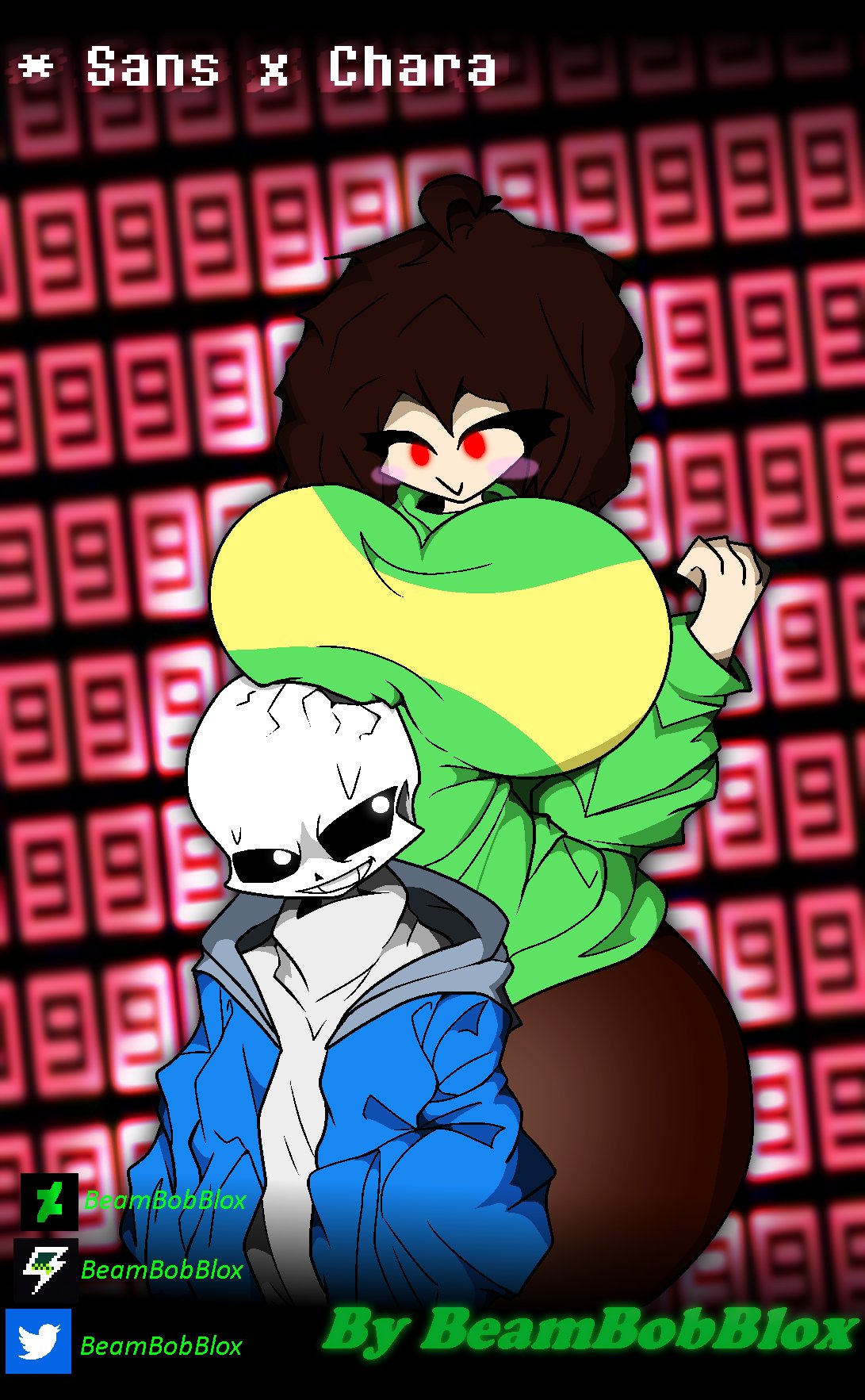 1boy 1girls 2022 annoyed annoyed_expression artist_name beambobblox big_breasts bigger_female chara female human male red_eyes rosy_cheeks sans skeleton smaller_male straight tagme undertale undertale_(series)