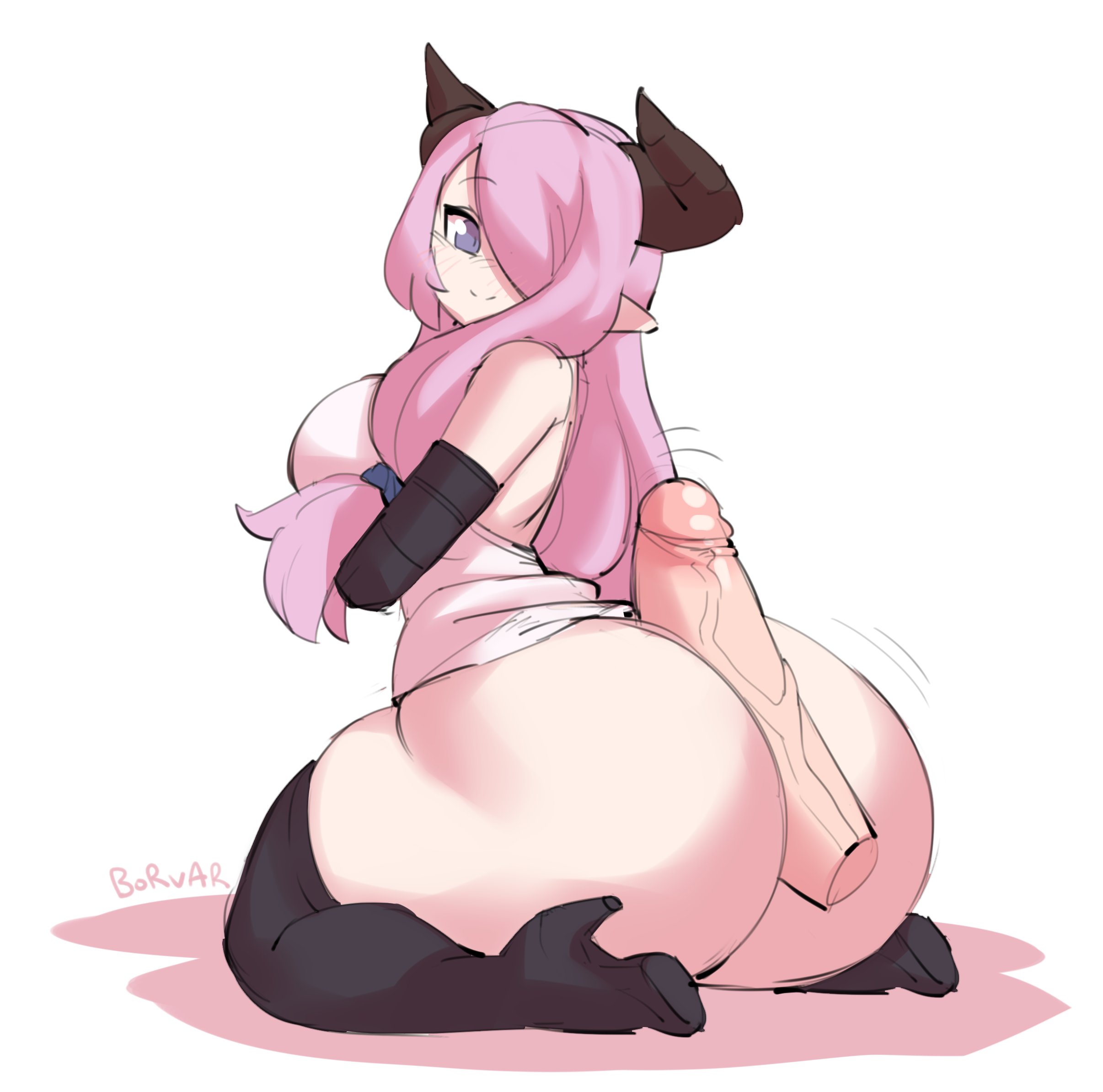 1boy, 1girls, ass, assjob, big ass, big breasts, boots, borvar, breasts, buttjob, disembodied penis, draph race (granblue fantasy), female, granblue fantasy, high heel boots, horns, huge ass, long hair, male, narmaya (granblue fantasy), penis, pink hair, pointy ears, purple eyes, sideboob, smile, solo, solo female, thick thighs, thighs, white background