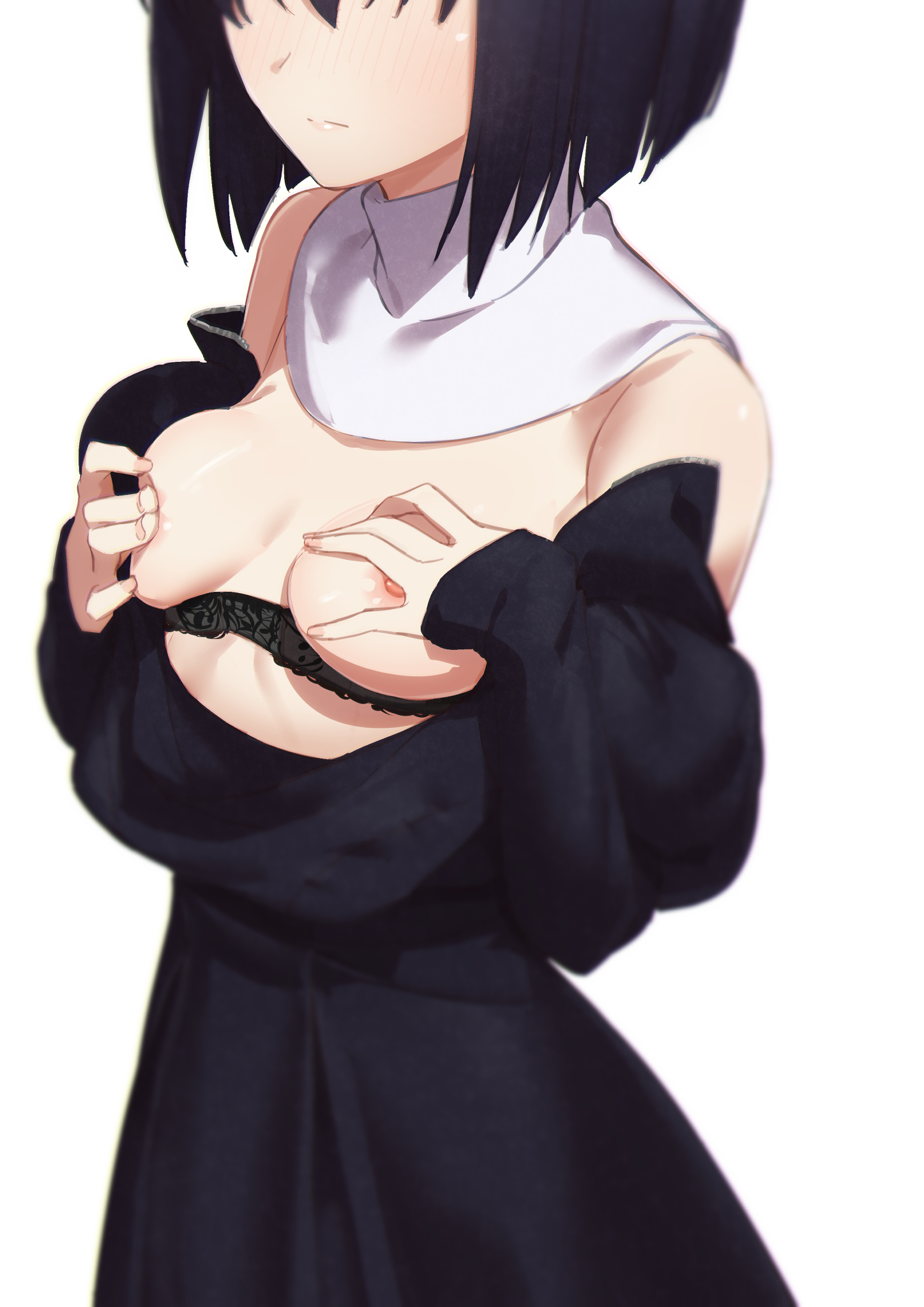bare shoulders, black bra, black hair, blush, bob cut, bra, breasts, breasts out, detached collar, eyes out of frame, female, female only, goth, goth girl, gothic, kuonji alice, lace-trimmed bra, mahou tsukai no yoru, medium breasts, morisobo, off shoulder, partially undressed, self fondle, short hair, solo, type-moon