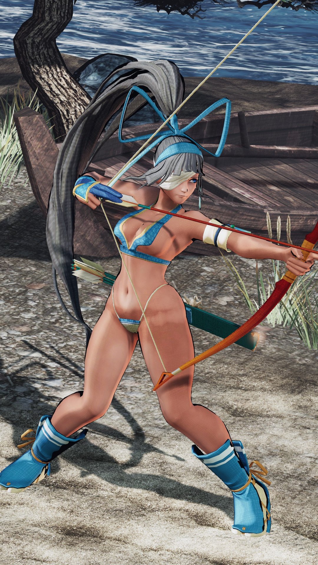 1girls 3d archery armpits big_breasts blue_eyes bow breasts busty child_bearing_hips cleavage female female_only gloves grey_hair hairbow hi_res hips large_breasts legs long_hair majikina_mina navel one_eye_covered ponytail samurai_shodown snk solo thighs thong voluptuous