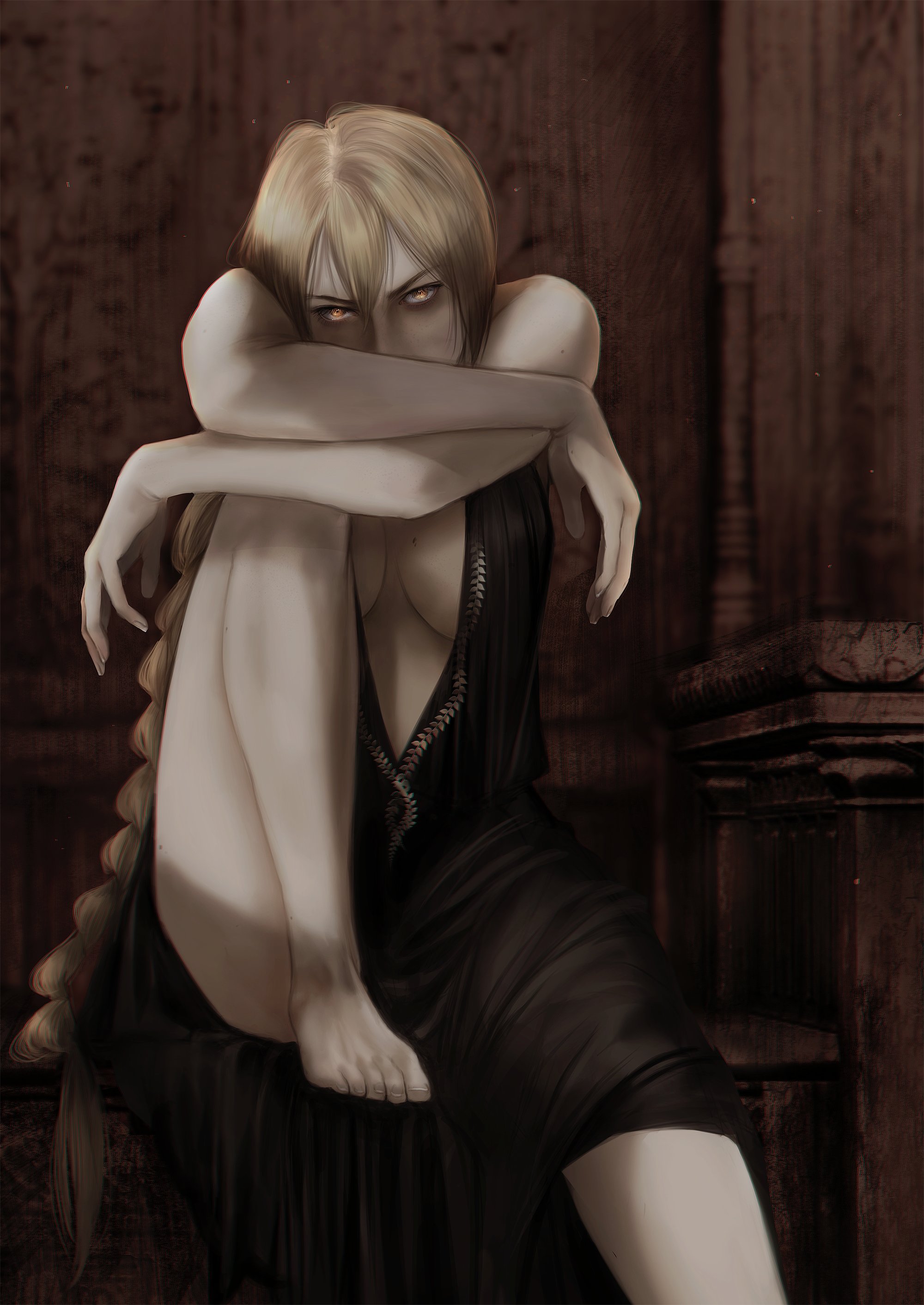 1girls, ass, ass focus, ass up, barefoot, blonde hair, bottomless, cleavage, elden ring, empyrean, feet, female, female only, fromsoftware, goddess, hi res, light skin, light-skinned female, looking at viewer, milf, open clothes, open shirt, painting (artwork), pov, queen marika the eternal, raviolliess