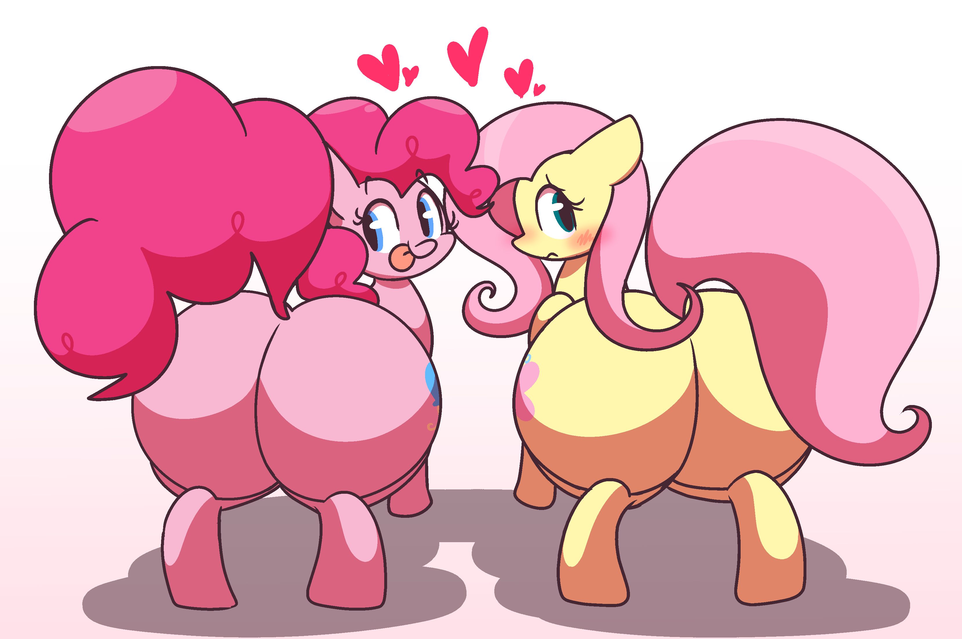 2girls, ass, big ass, blush, bubble ass, bubble butt, curvy, earth pony, enormous ass, fat ass, female, feral, fluttershy (mlp), giant ass, gigantic ass, gravtitty, huge ass, hyper ass, large ass, looking at viewer, looking back, my little pony, peach ass, pegasus, pinkie pie (mlp), plump ass, pony, presenting ass, presenting hindquarters, showing ass, shy, smile, tagme, thick ass, thick hips, thick thighs, tongue, tongue out, voluptuous, wide ass, wide hips, wide thighs