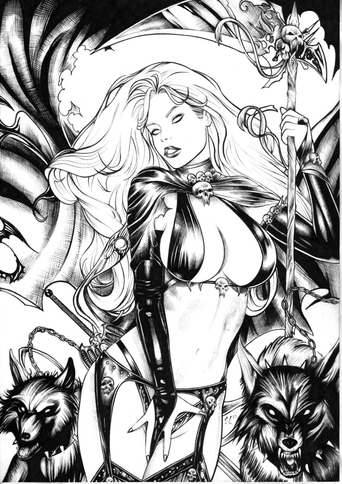 1girls big_breasts cape_only chaos_comics dominant_female ed_benes_studio frank_lima goddess holding_scythe lady_death latex_bra latex_thighhighs long_hair looking_at_viewer monochrome queen_of_the_dead scythe seductive_eyes seductive_look solo_female tagme touching_pussy white_hair wolf