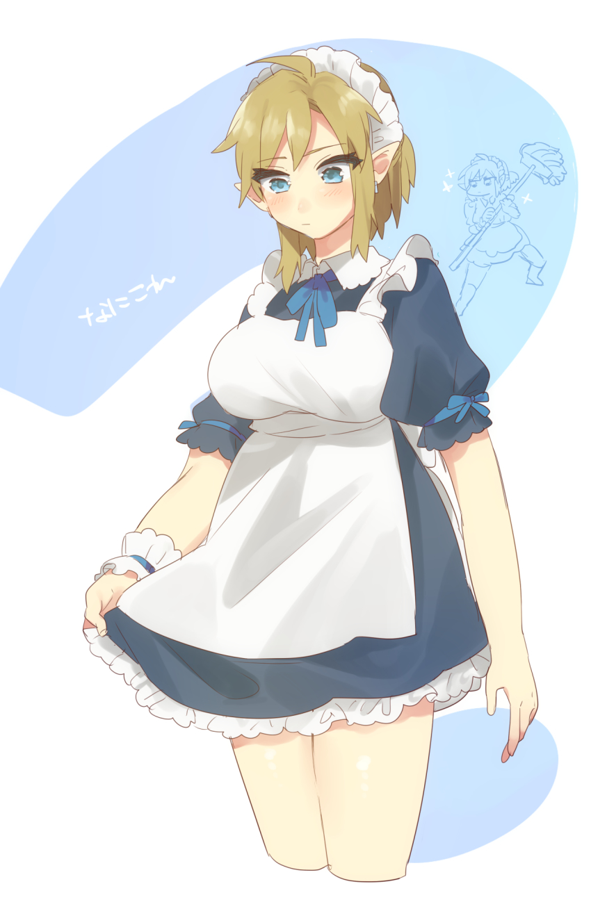 apron blonde_hair blue_eyes bowtie bowtie_collar breasts broom earrings female genderswap_(mtf) large_breasts link maid maid_apron maid_headdress maid_uniform nintendo ribbon rule_63 short_hair the_legend_of_zelda ttanuu.