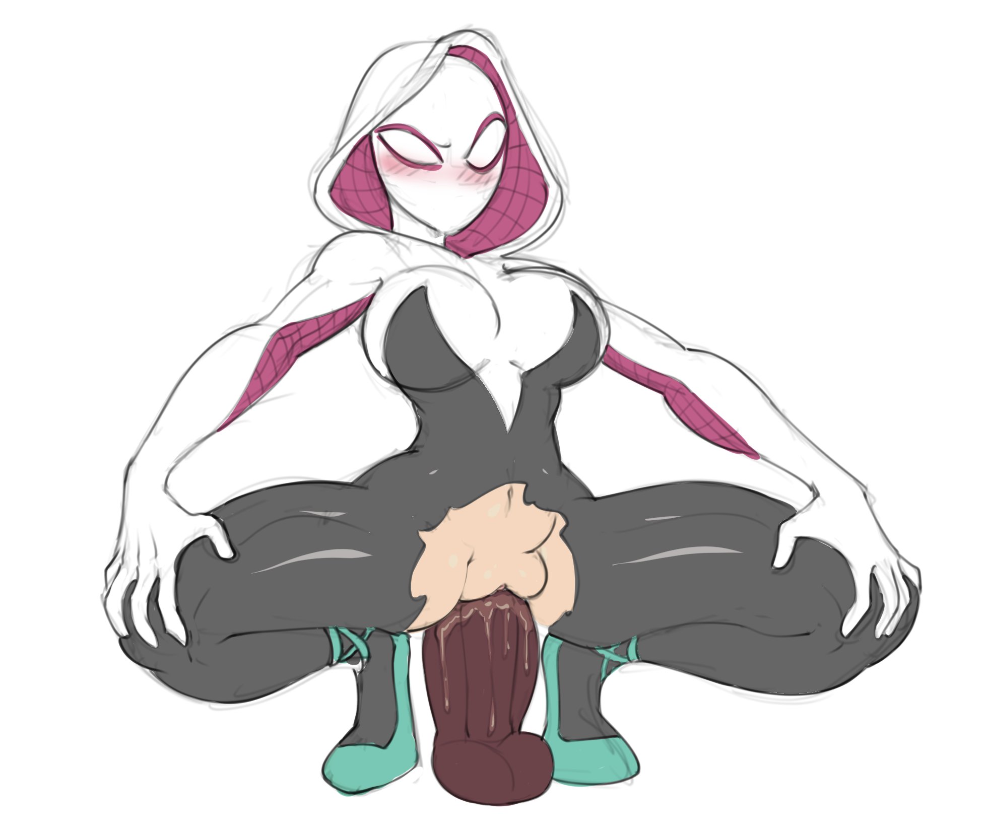 1girls, big breasts, blush, bodysuit, breasts, daredemon7000, dildo, dildo in pussy, dildo sitting, female, female focus, female masturbation, female only, genital fluids, gwen stacy, marvel, marvel comics, mask, masked, masked female, masturbation, object insertion, pussy, ripped bodysuit, sex toy, skindentation, solo, solo female, spider-gwen, spider-man (series), spider-man: into the spider-verse, squatting, teenager, tomboy, vaginal insertion