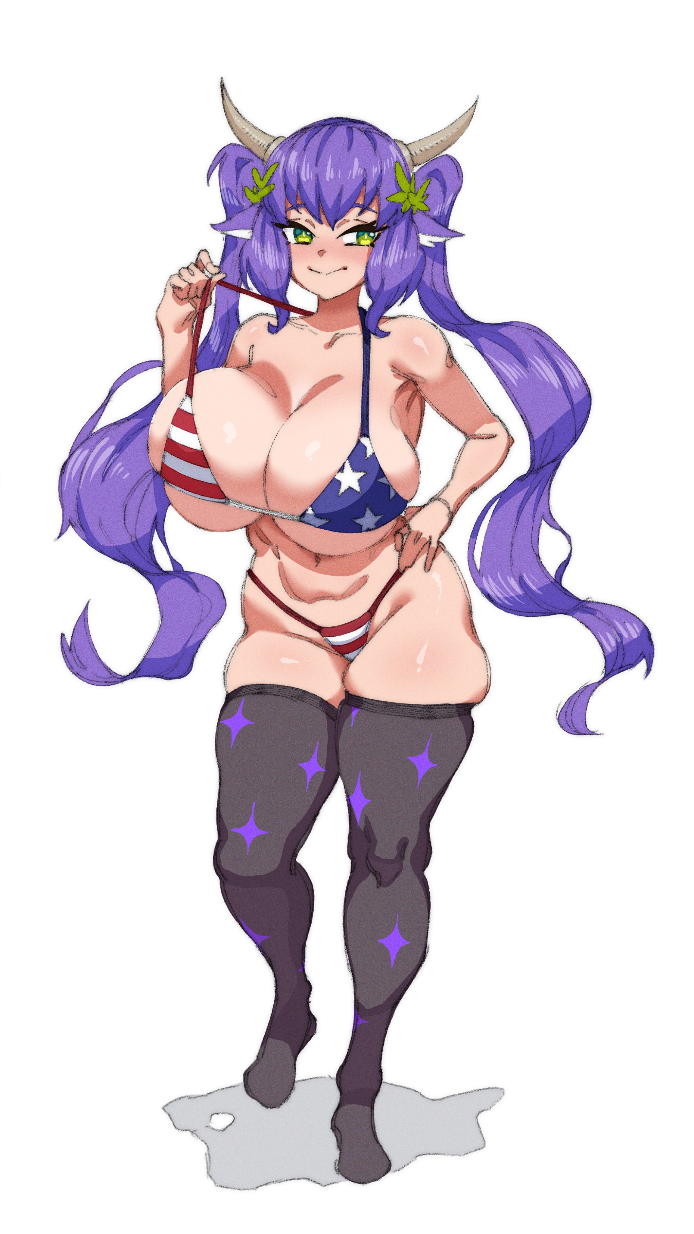 1girls, american flag bikini, big breasts, bikini, blush, breasts, closed mouth, cow girl, cow horns, female, flag bikini, flag print, green eyes, hand on hip, huge breasts, leggings, makinakid, navel, print bikini, print legwear, pulled by self, purple hair, romolla, skindentation, smile, stomach, thick thighs, thighhighs, thighs, thong, twintails, virtual youtuber, wreath