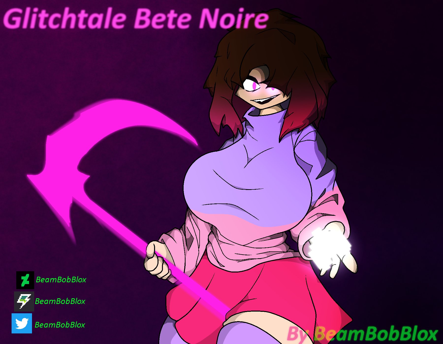 1girls, 2022, akumu (glitchtale), beambobblox, bete noire, big breasts, breasts, brown hair, female, glitchtale, looking at viewer, pink eyes, pink highlights, scythe, tagme, text, thighhighs, undertale, undertale (series), undertale au, undertale fanfiction