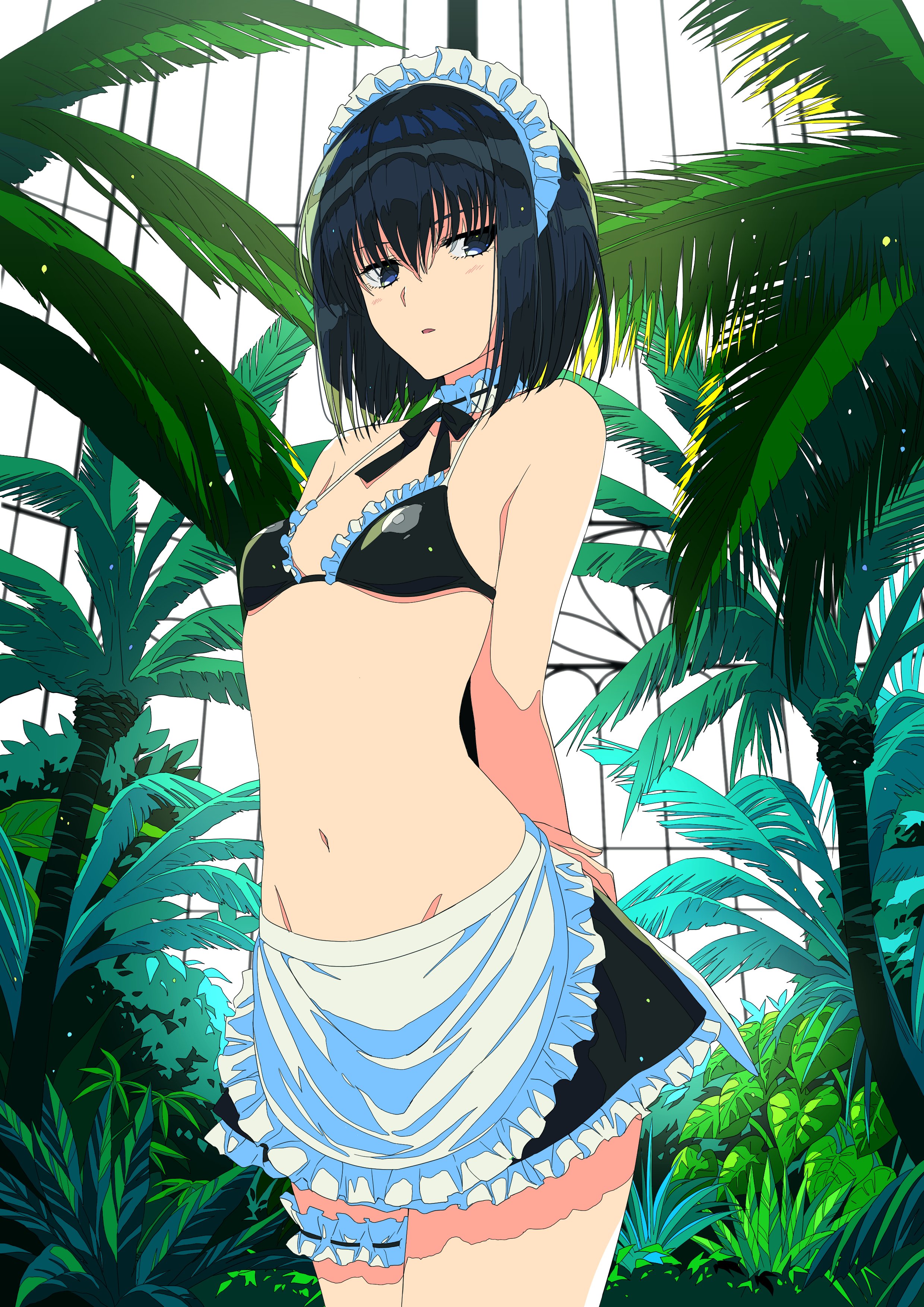 apron, arms behind back, artoria pendragon (swimsuit rider alter), bare midriff, bikini, black eyes, black hair, breasts, detached collar, detailed background, female, female only, frilled sleeves, frills, garter, goth, goth girl, kuonji alice, looking away, mahou tsukai no yoru, maid, maid headdress, maid uniform, medium hair, neck ribbon, palm tree, small breasts, solo, type-moon, waist apron, xtango
