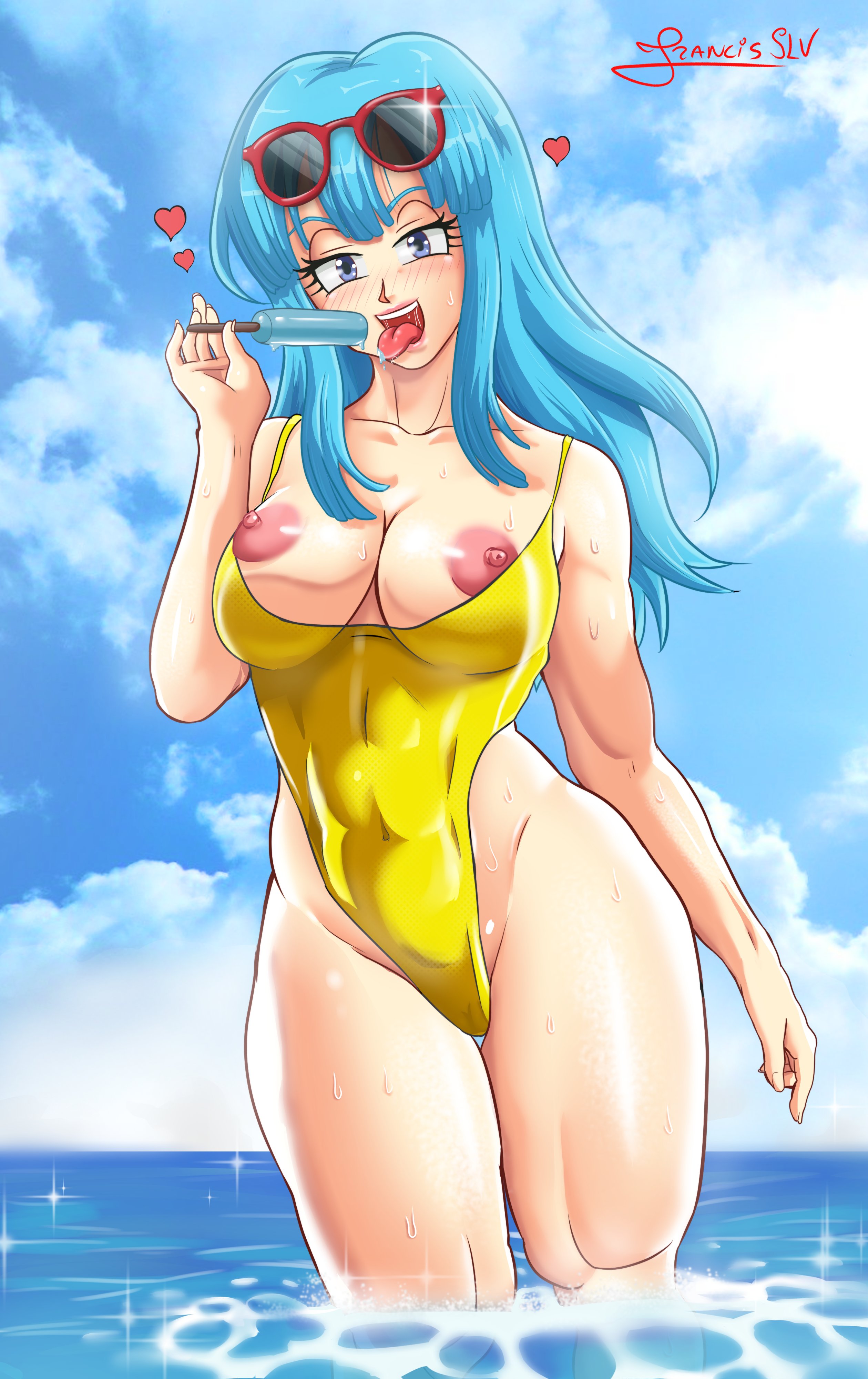 1girls, beach, blue eyes, blue hair, breasts, busty, dragon ball, dragon ball z, female, female only, francis slv, ice cream, large areolae, large breasts, looking at viewer, maron, open mouth, pink nipples, solo, solo female, swimsuit, swimwear, toned, toned legs, tongue, tongue out
