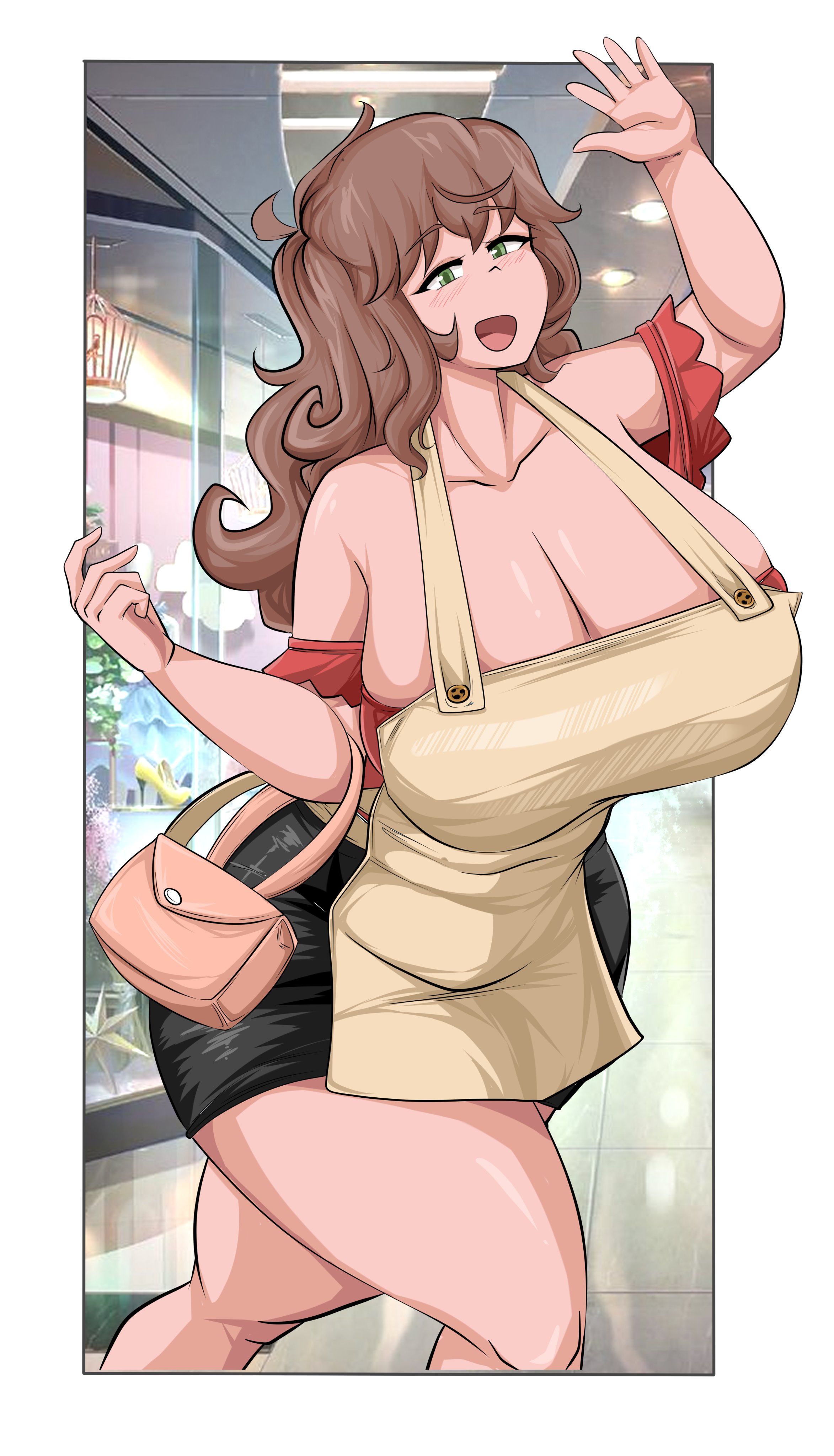 1girls, 2d, 2d (artwork), apron, ass, background, bag, big ass, big boobs, big breasts, big butt, big nipples, black skirt, boobs, breasts, brown hair, bubble ass, bubble butt, color, colored, comicomryu, delicia (comicomryu), female, female only, green eyes, greeting, hair, hands-free, happy, happy female, high resolution, housewife, huge ass, huge breasts, huge butt, human, human only, knees, looking at viewer, massive ass, massive breasts, massive butt, mature, mature female, milf, mouth, mouth open, neck, neckline, nipples, oc, open clothes, open mouth, original, original artwork, original character, public, questionable, ryumxr, shopping, shoulders, skirt, tagme, thick thighs, thighs, twitter, very high resolution