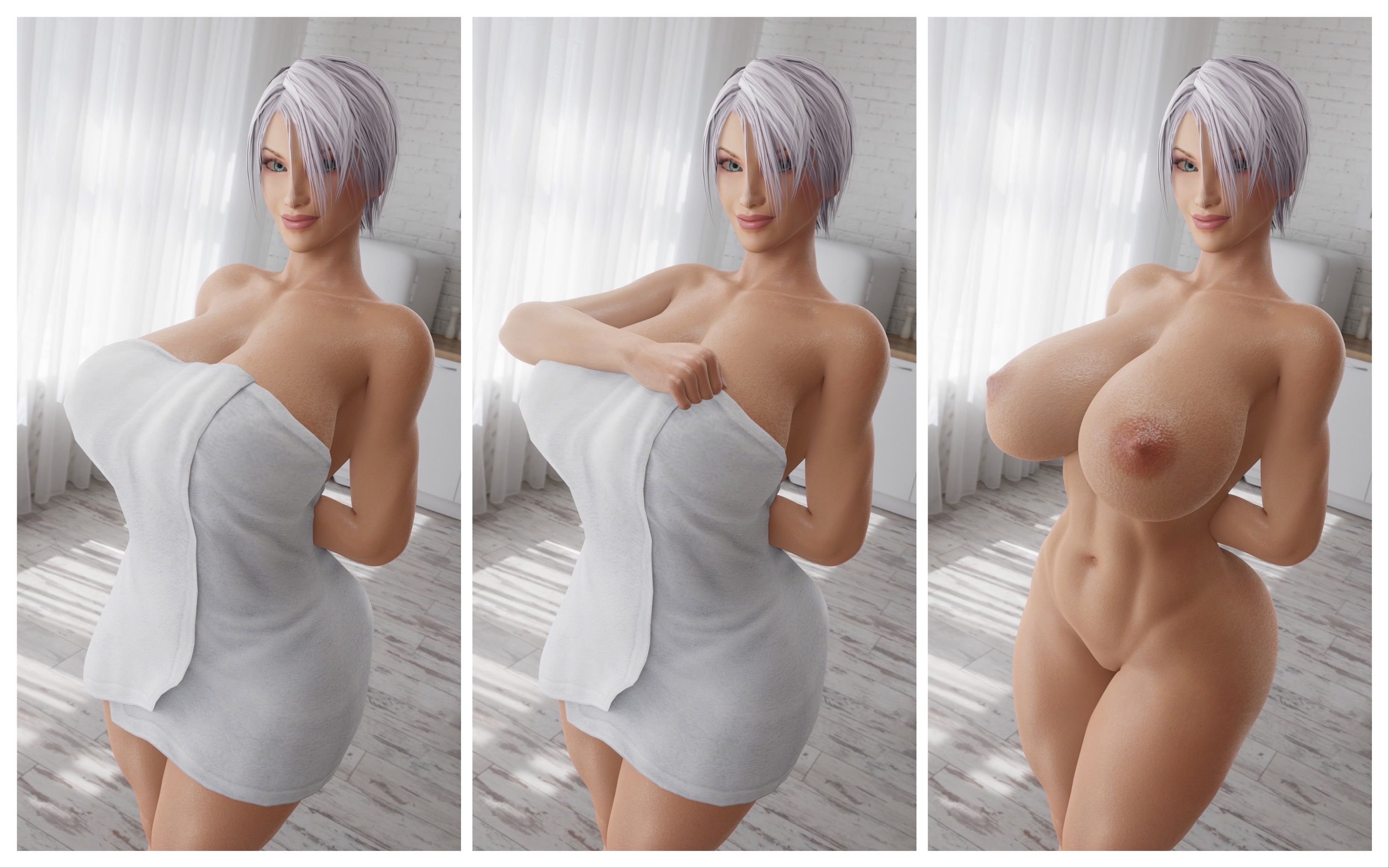 1girls, 3d, absurd res, ass, breasts, cleavage, cpt-flapjack, fat ass, female, female only, hi res, isabella valentine, large breasts, looking down, solo, soul calibur, towel, white hair