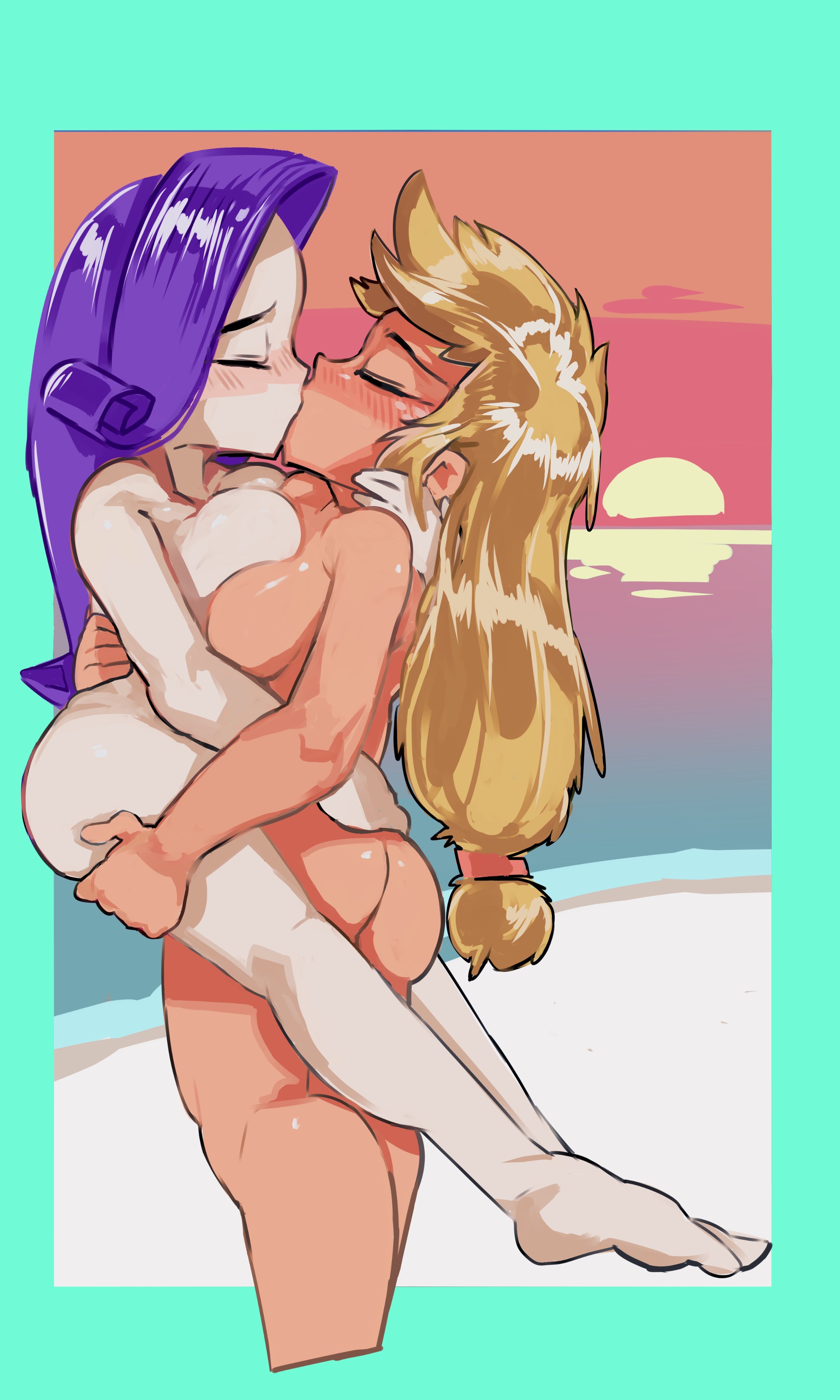 applejack (eg), applejack (mlp), ass, ass crack, baigak, breasts, breasts to breasts, butt crack, completely nude, equestria girls, female, huge breasts, kissing, lifting, lifting person, my little pony, nude, rarity (eg), rarity (mlp), standing, yuri