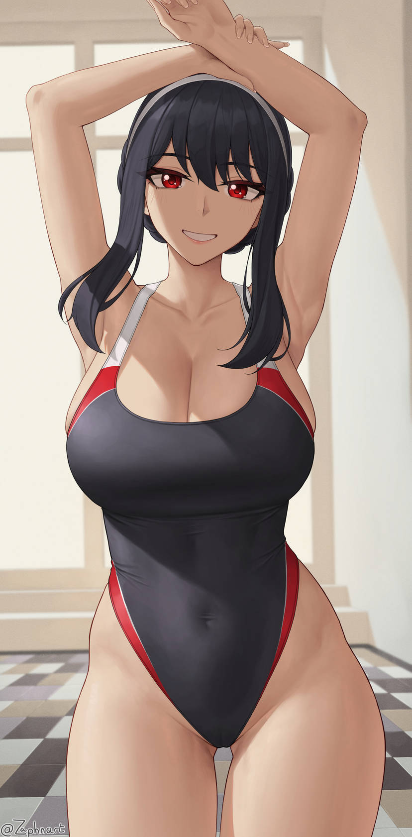 1girls black_hair black_one-piece_swimsuit black_swimsuit breasts competition_swimsuit hairband hairbun highleg highleg_one-piece_swimsuit highleg_swimsuit large_breasts looking_at_viewer milf one-piece_swimsuit red_eyes smile spy_x_family stretching swimsuit tile_floor window yor_briar yor_forger zaphn