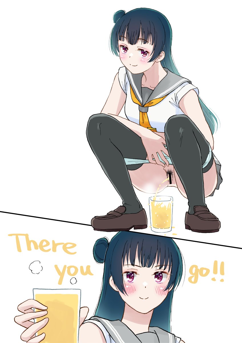 bar_censor black_socks black_thighhighs blue_hair blush brown_footwear brown_loafers censored commentary_request commission cup dark_blue_hair english_text female female_pubic_hair grey_sailor_collar hair_bun highres holding holding_cup loafers long_hair love_live! love_live!_sunshine!! neckerchief panties pee peeing peeing_in_cup pubic_hair pussy red_eyes sailor_collar school_uniform shirt shoes skeb_commission smile socks socks_and_shoes squatting steam takahashi_mugi text thigh_socks thighhighs tsushima_yoshiko underwear uranohoshi_school_uniform urine white_background white_panties white_shirt yellow_neckerchief