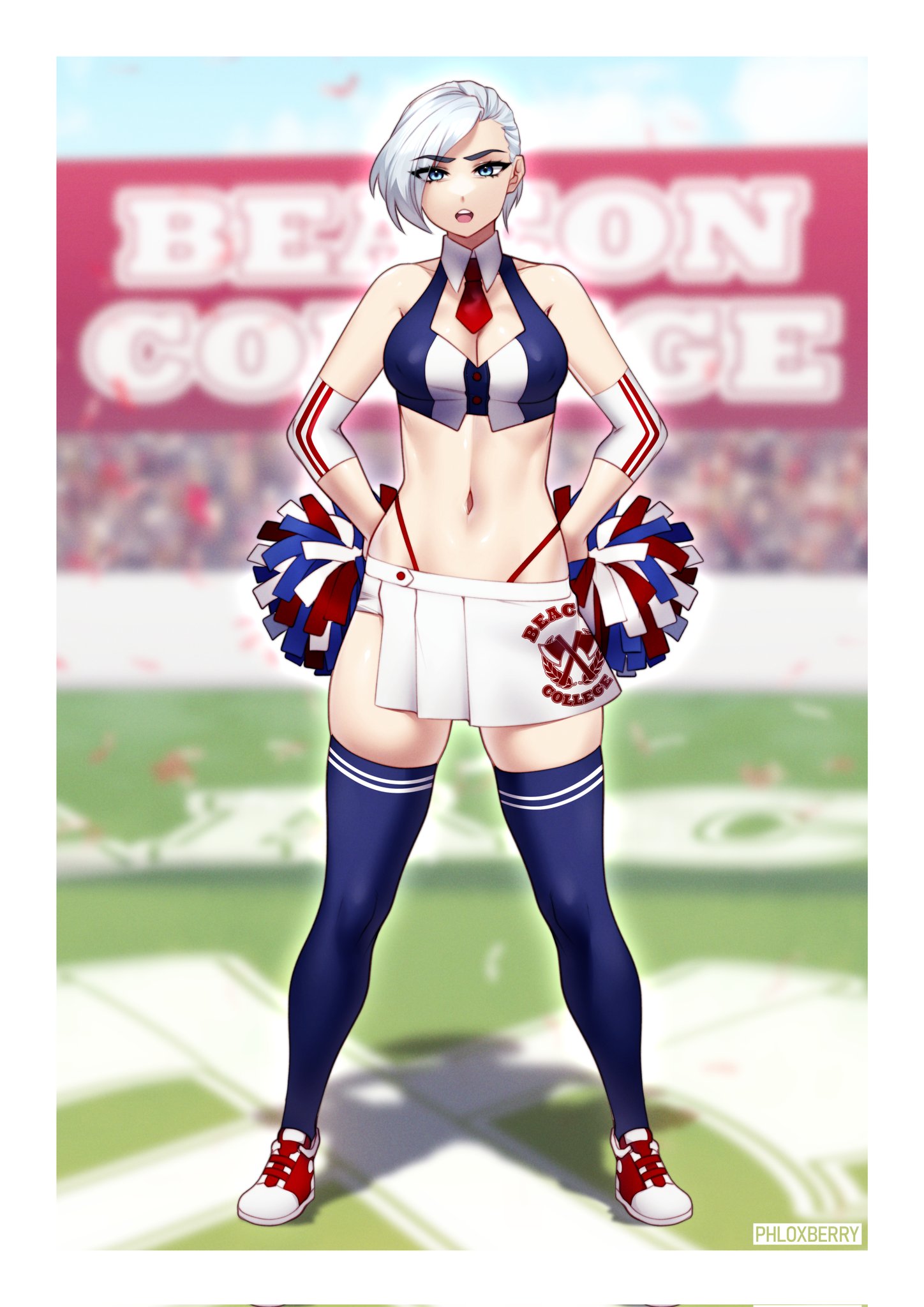 1girls, 2024, alternate costume, artist name, blue eyes, breasts, cheerleader, cheerleader uniform, cleavage, female, female only, fully clothed, hair up, highres, light skin, light-skinned female, medium breasts, phloxberry, pom poms, ponytail, revealing clothes, rwby, skirt, solo, stockings, thighhighs, thong, watermark, white hair, winter schnee